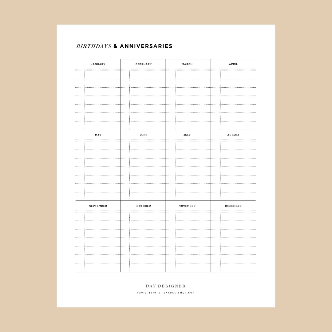 Birthday And Anniversary Calendar