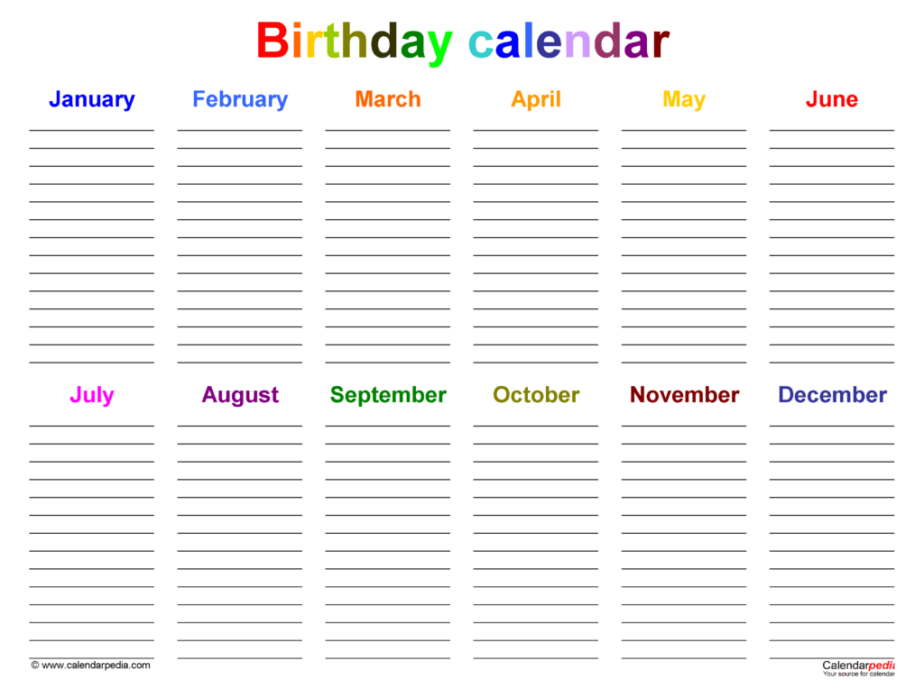 Birthday Calendar Pdf Templates
