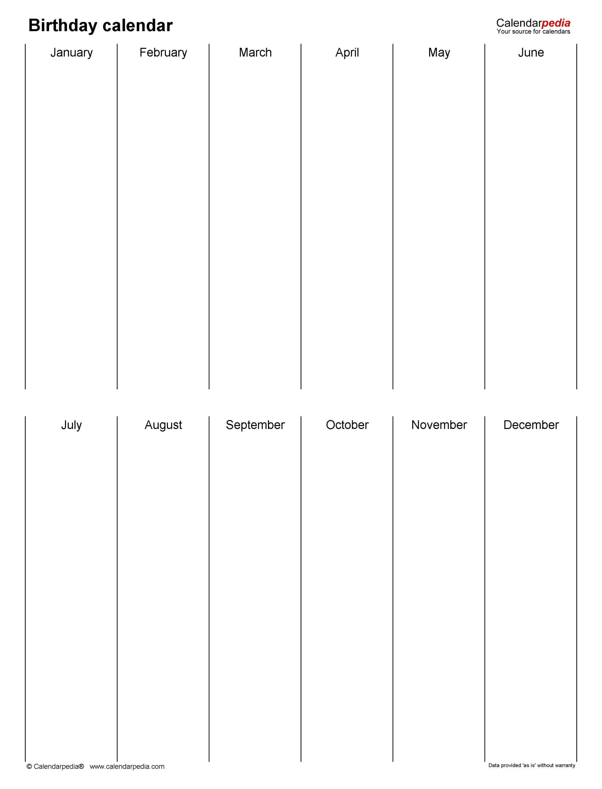 Birthday Calendar Pdf Templates