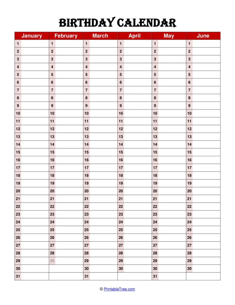 Birthday Calendar Printable Pdf