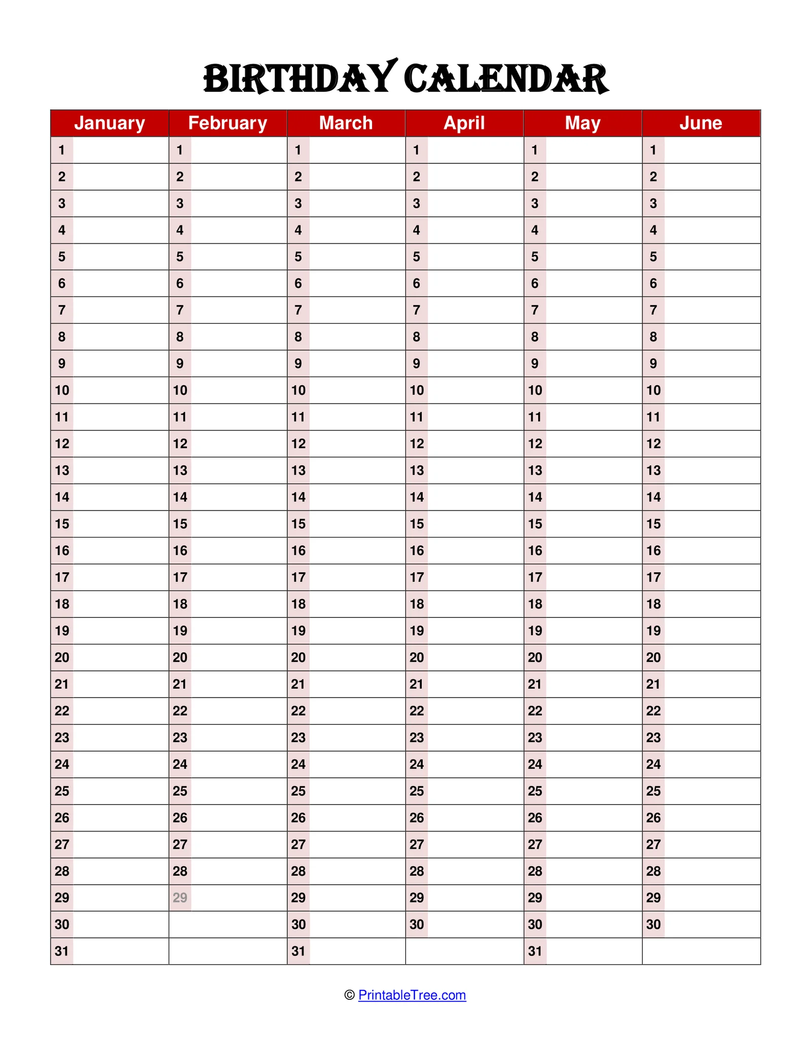 Birthday Calendar Printable Pdf