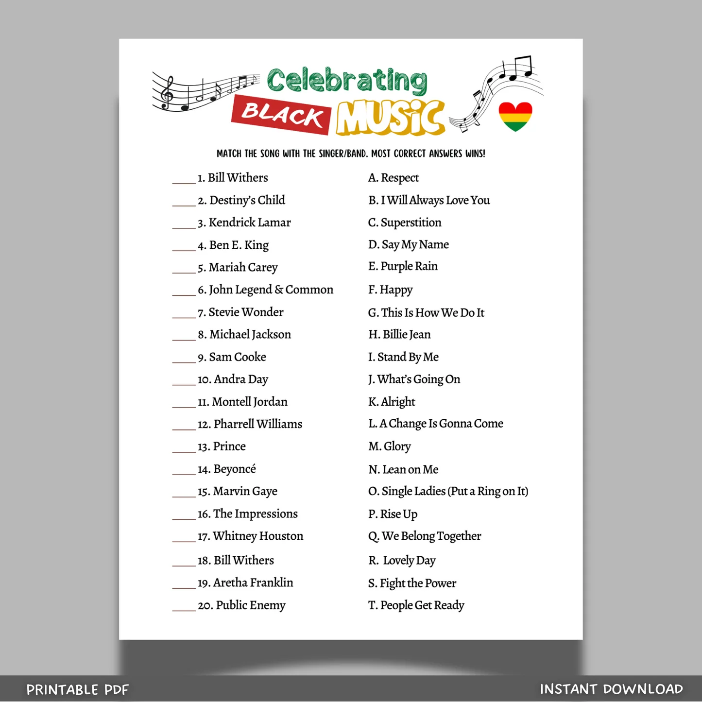 Black History Month Music Trivia Game Printable Historical African American Celebration Party Fun Activity For Adults Kids Seniors Classroom