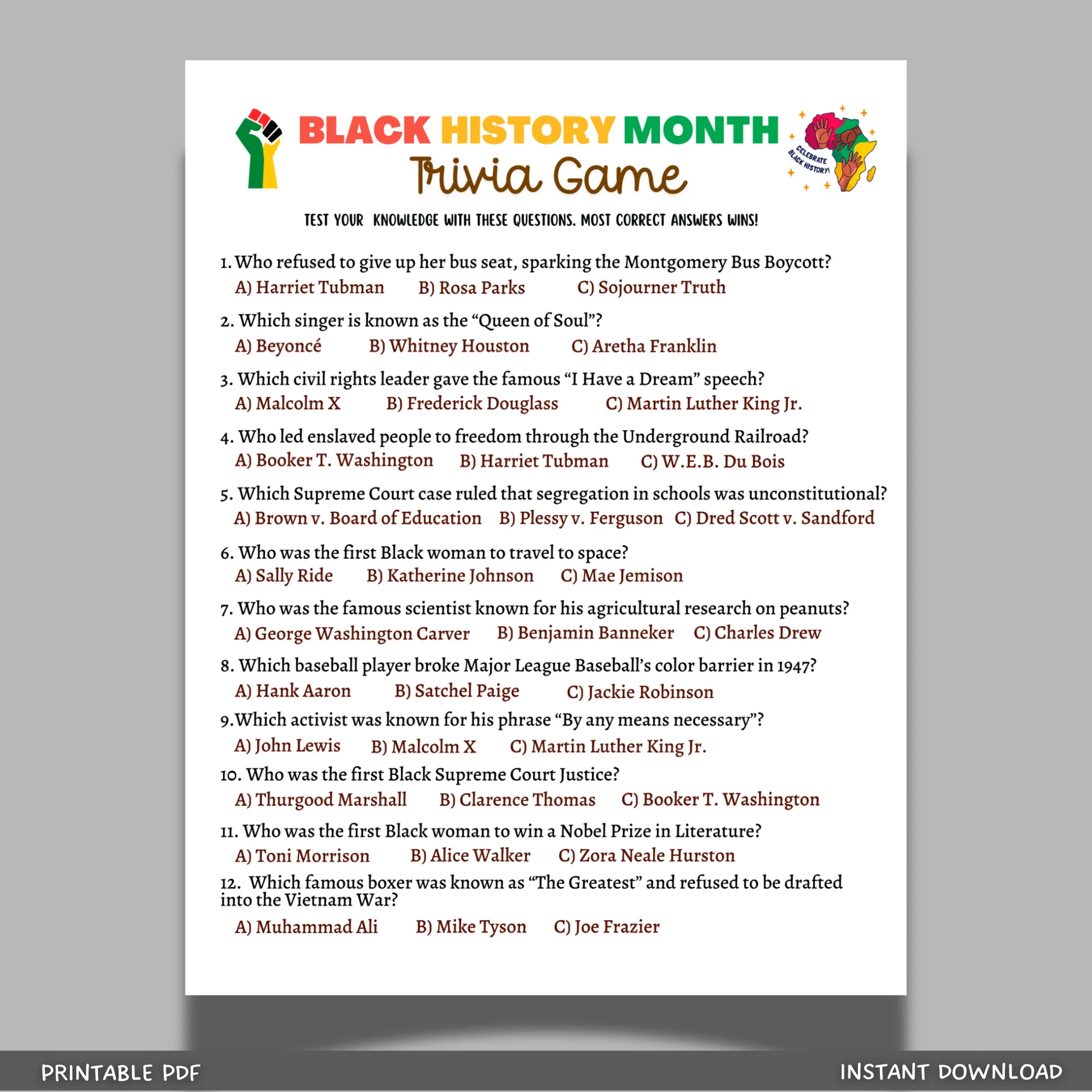 Black History Month Trivia Game Printable Historical African American Celebration Party Activity Adults Kids Seniors