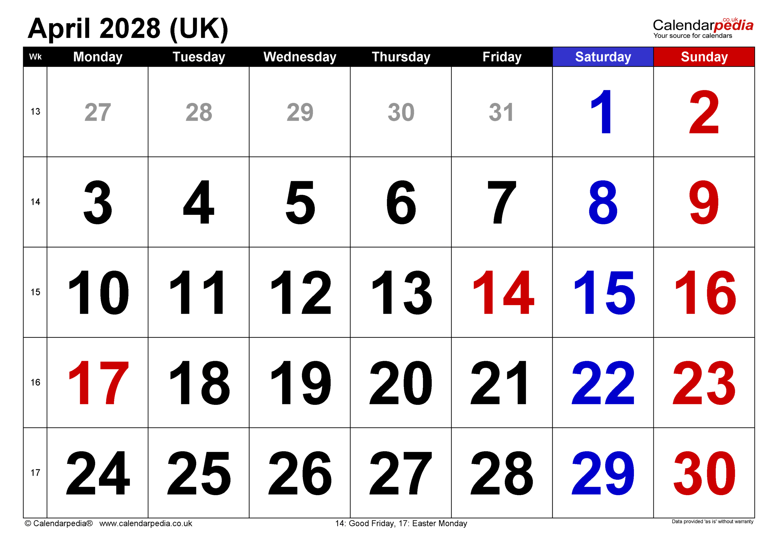 Calendar April 2028 Pdf Templates