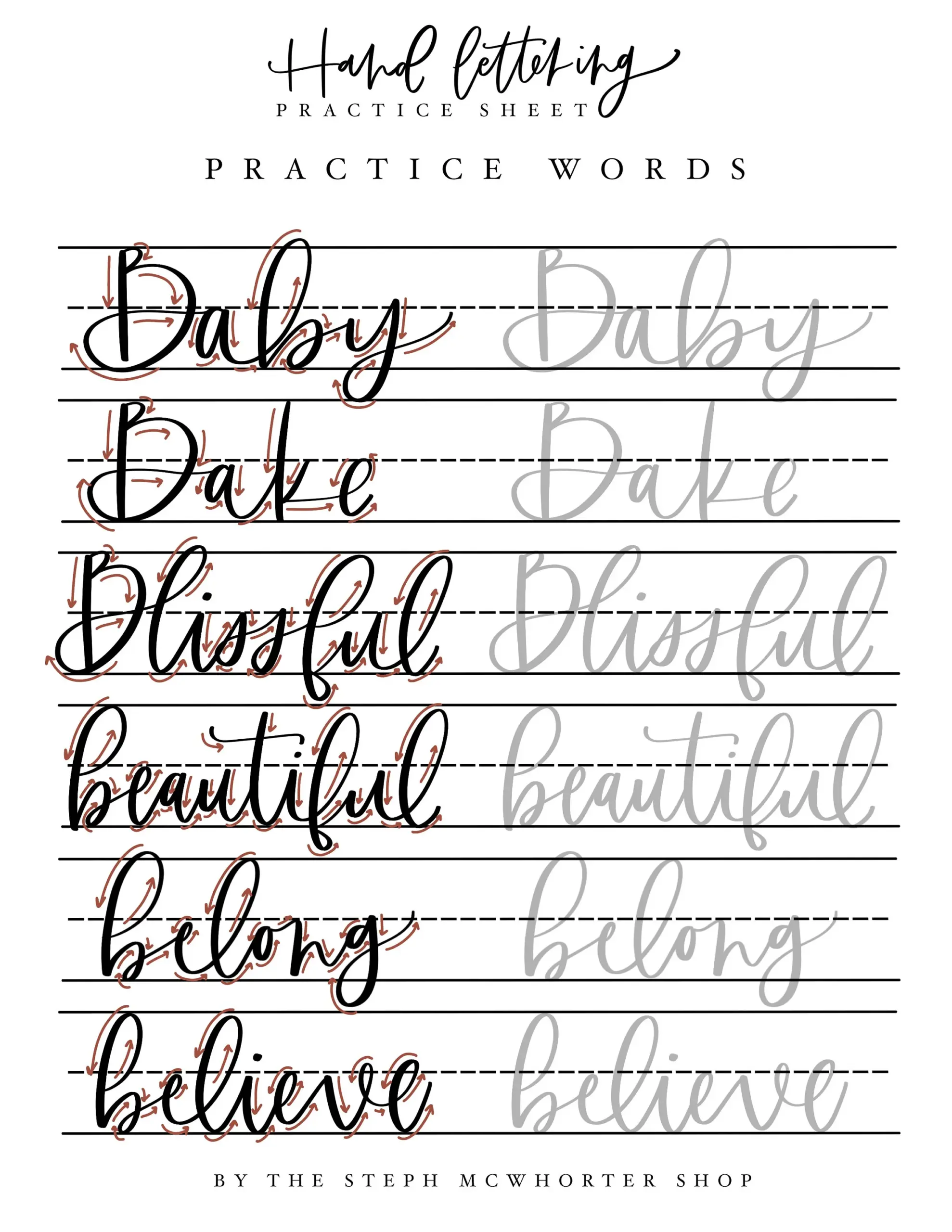 Calligraphy Worksheets 156 Words To