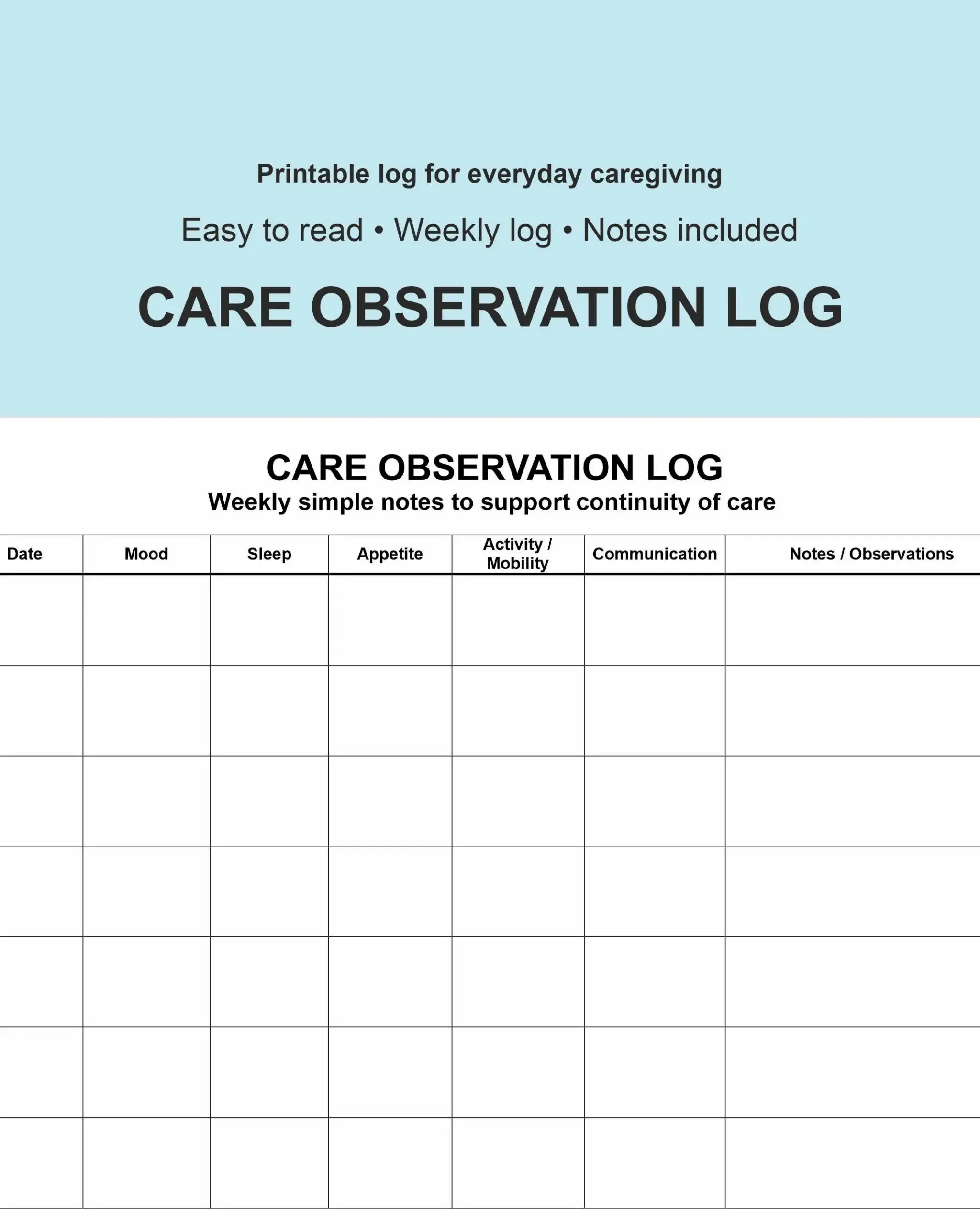 Care Observation Log Printable Weekly
