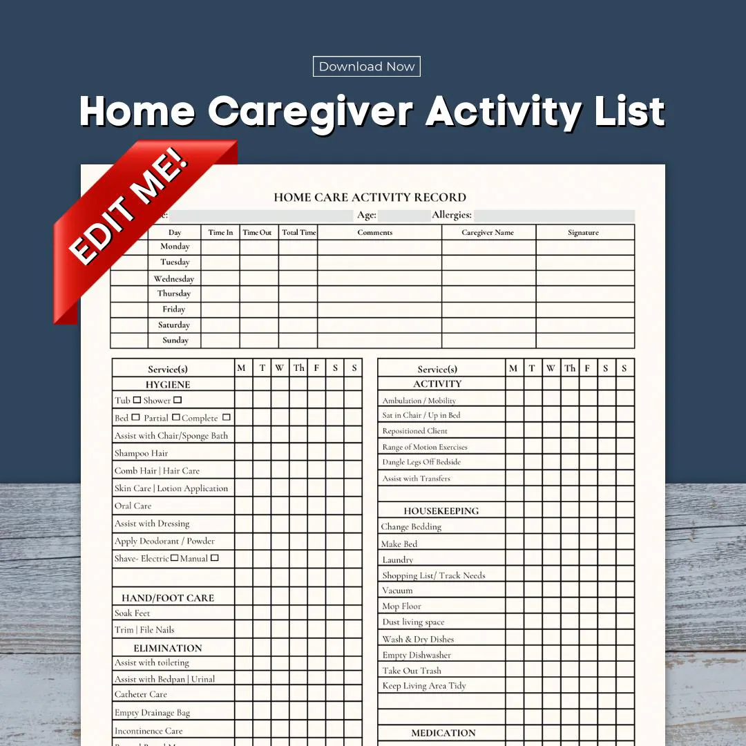 Caregiver Activity Log Template Editable