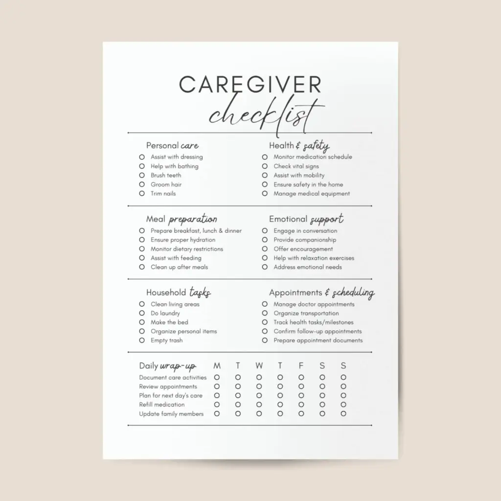 Caregiver Checklist Printable Weekly