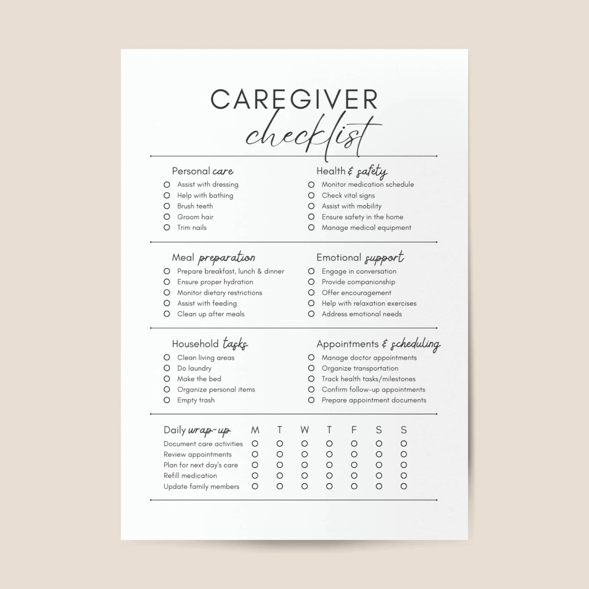 Caregiver Checklist Printable Weekly