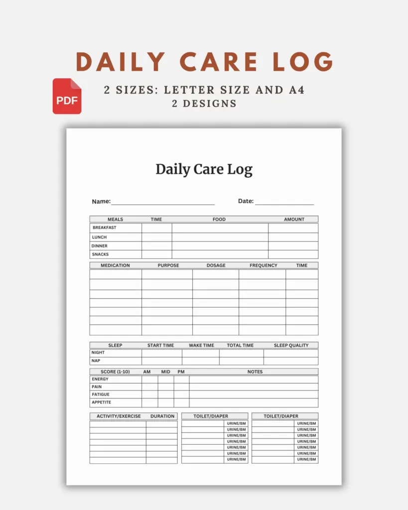 Caregiver Daily Care Log Printable For