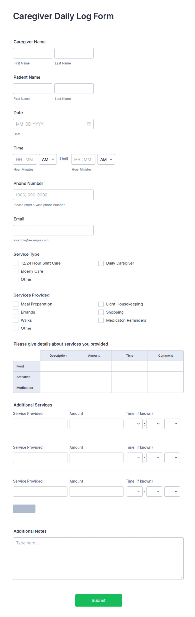 Caregiver Daily Log Form