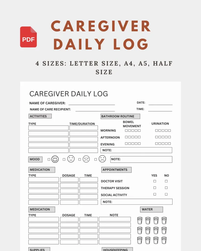 Caregiver Daily Log Printable Senior