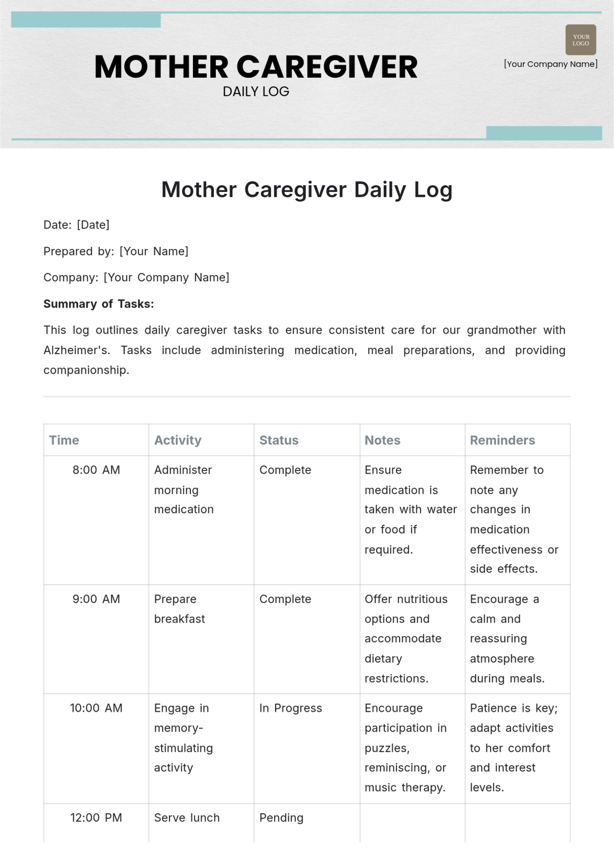 Caregiver Daily Log