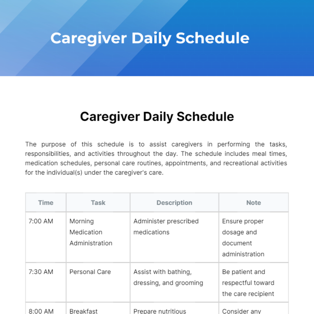 Caregiver Daily Schedule