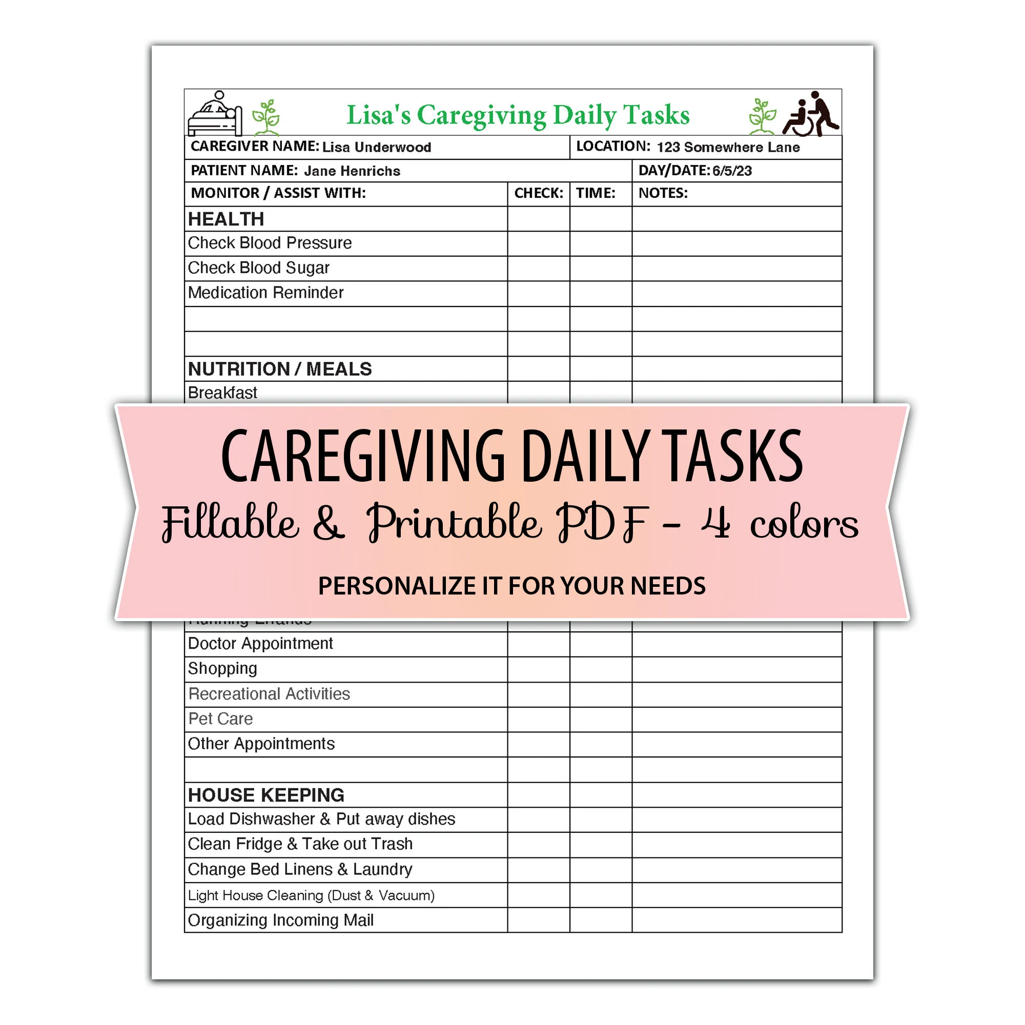 Caregiver Daily Tasks Form Fillable