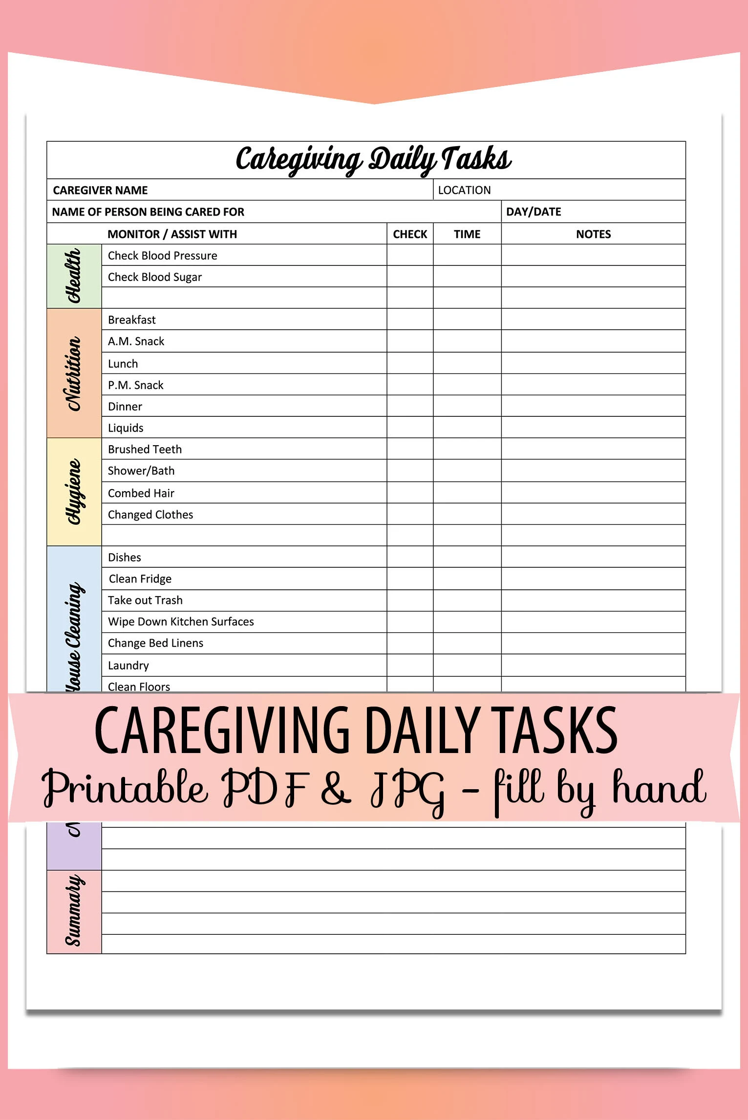 Caregiver Daily Tasks Form Printable