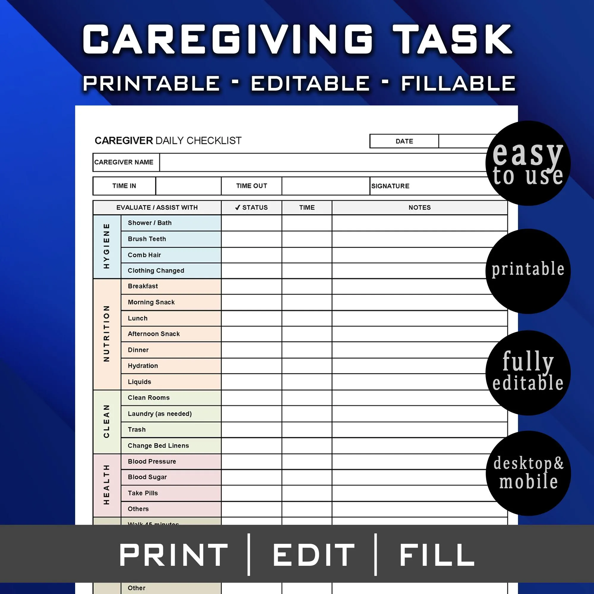 Caregiver Daily Tasks Log Caregiver Time