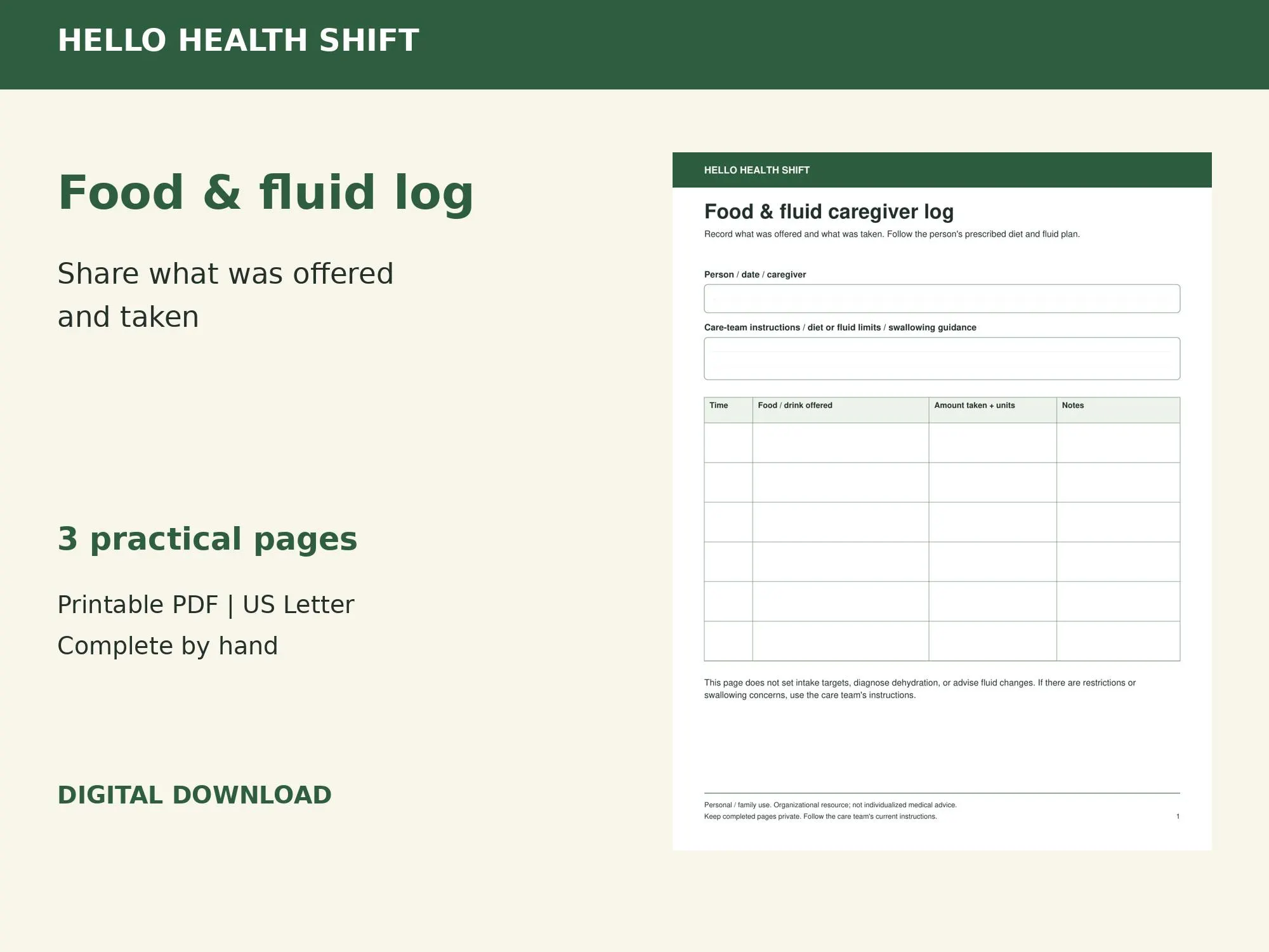 Caregiver Food Log