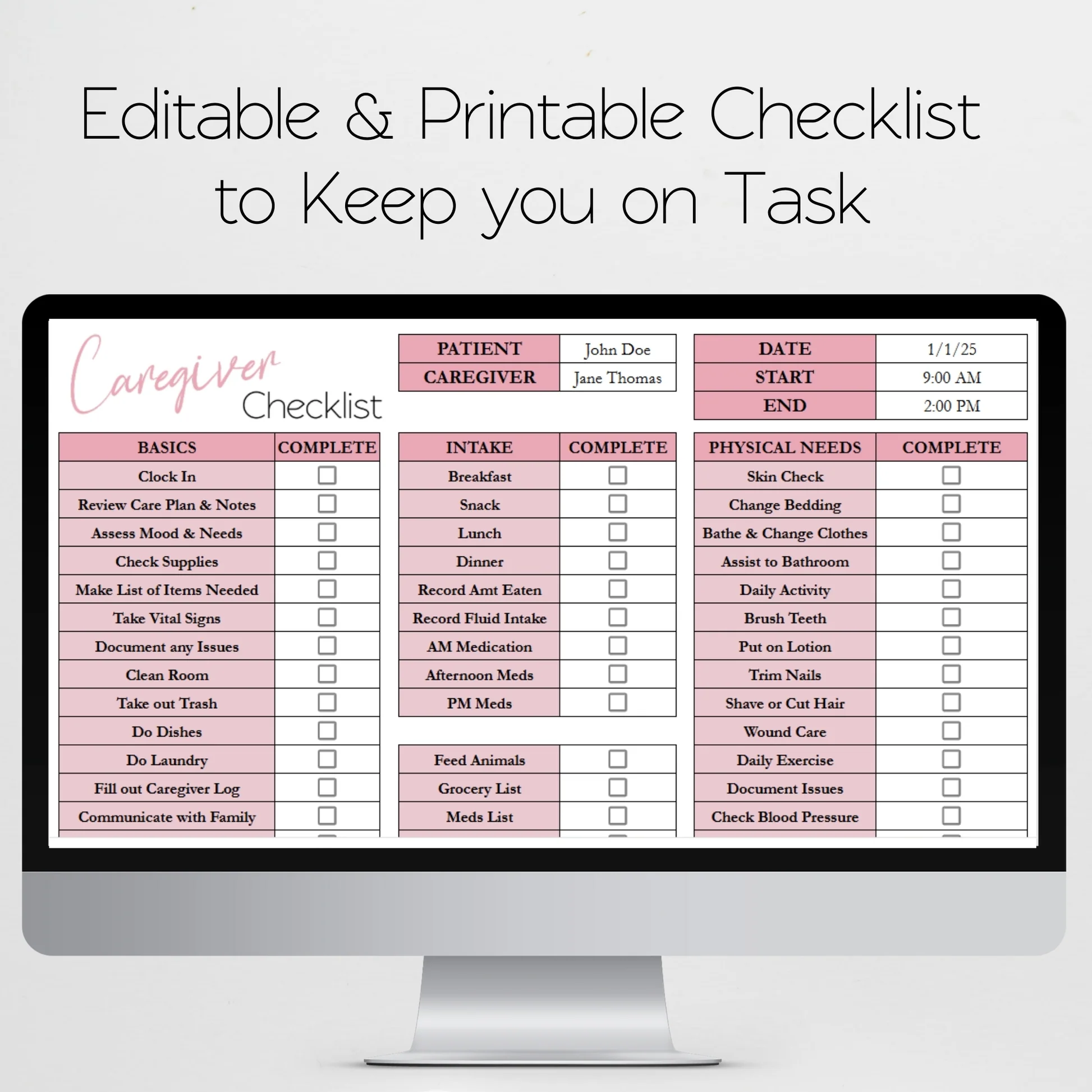 Caregiver Log Caregiver Checklist Tracker Template For Google Sheets And Excel Spreadsheet Copy