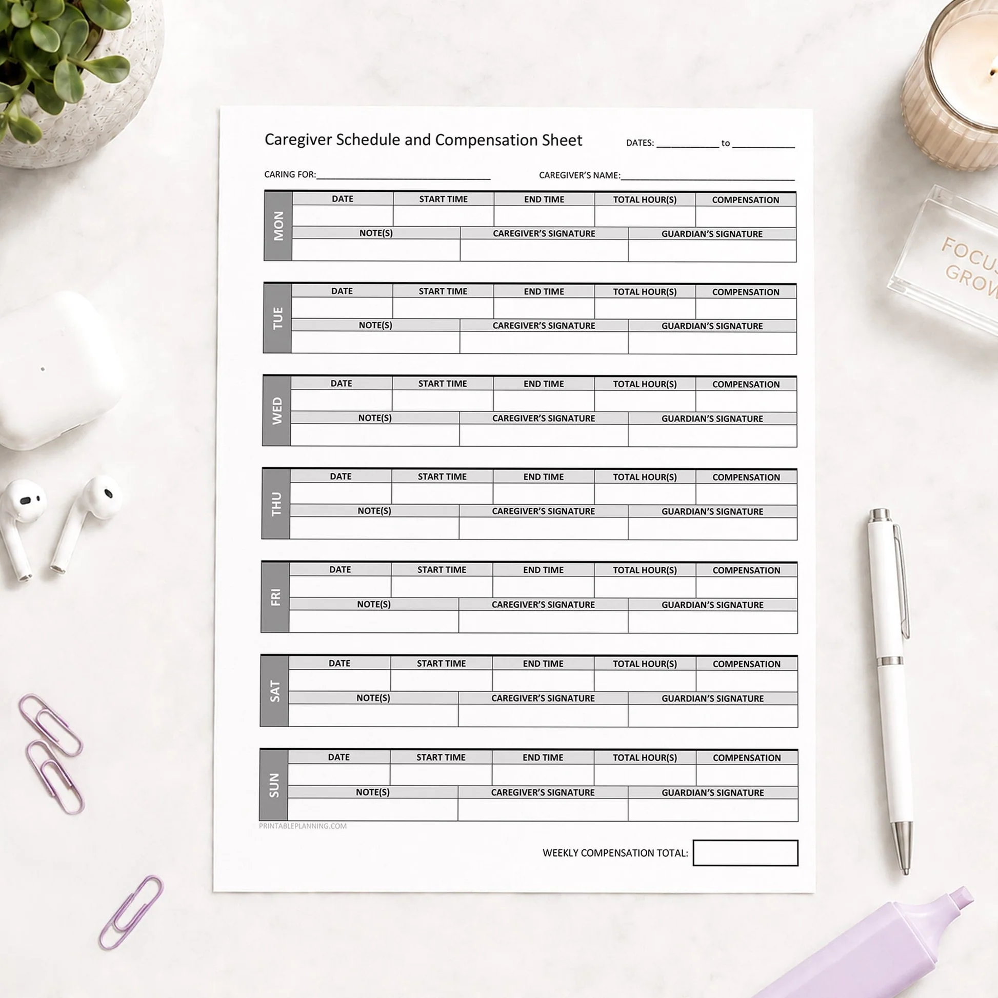Caregiver Schedule And Compensation Sheet Printable
