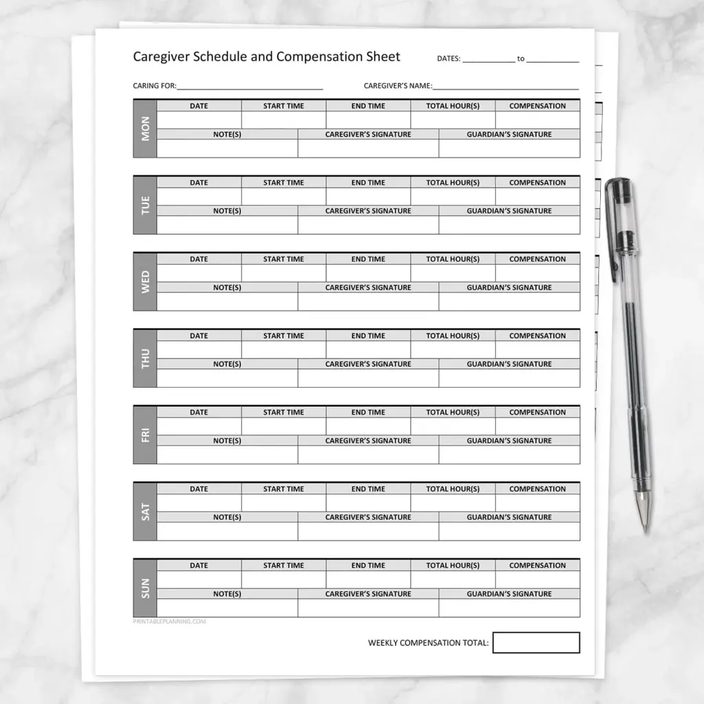 Caregiver Schedule And Compensation Sheet Printable
