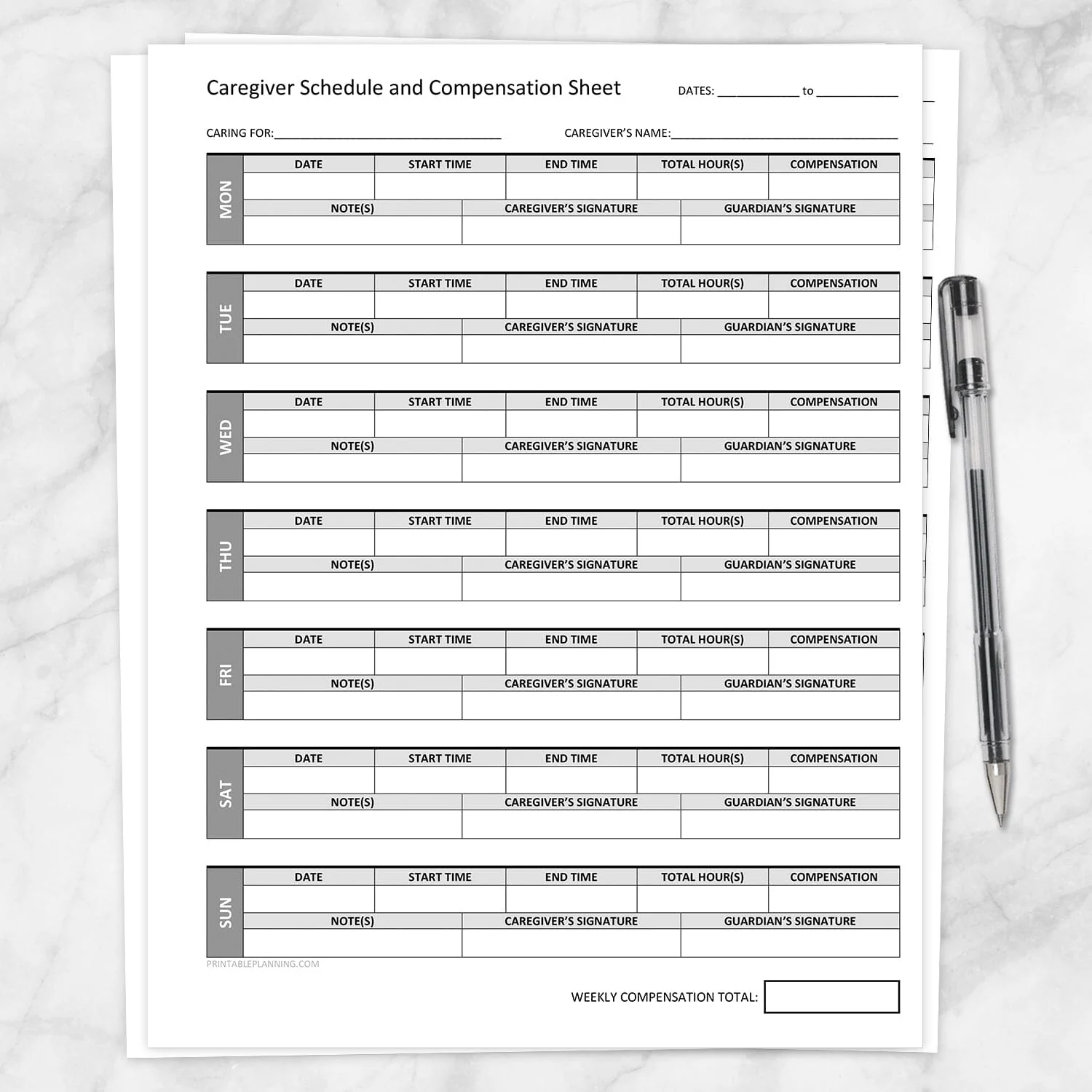 Caregiver Schedule And Compensation Sheet Printable