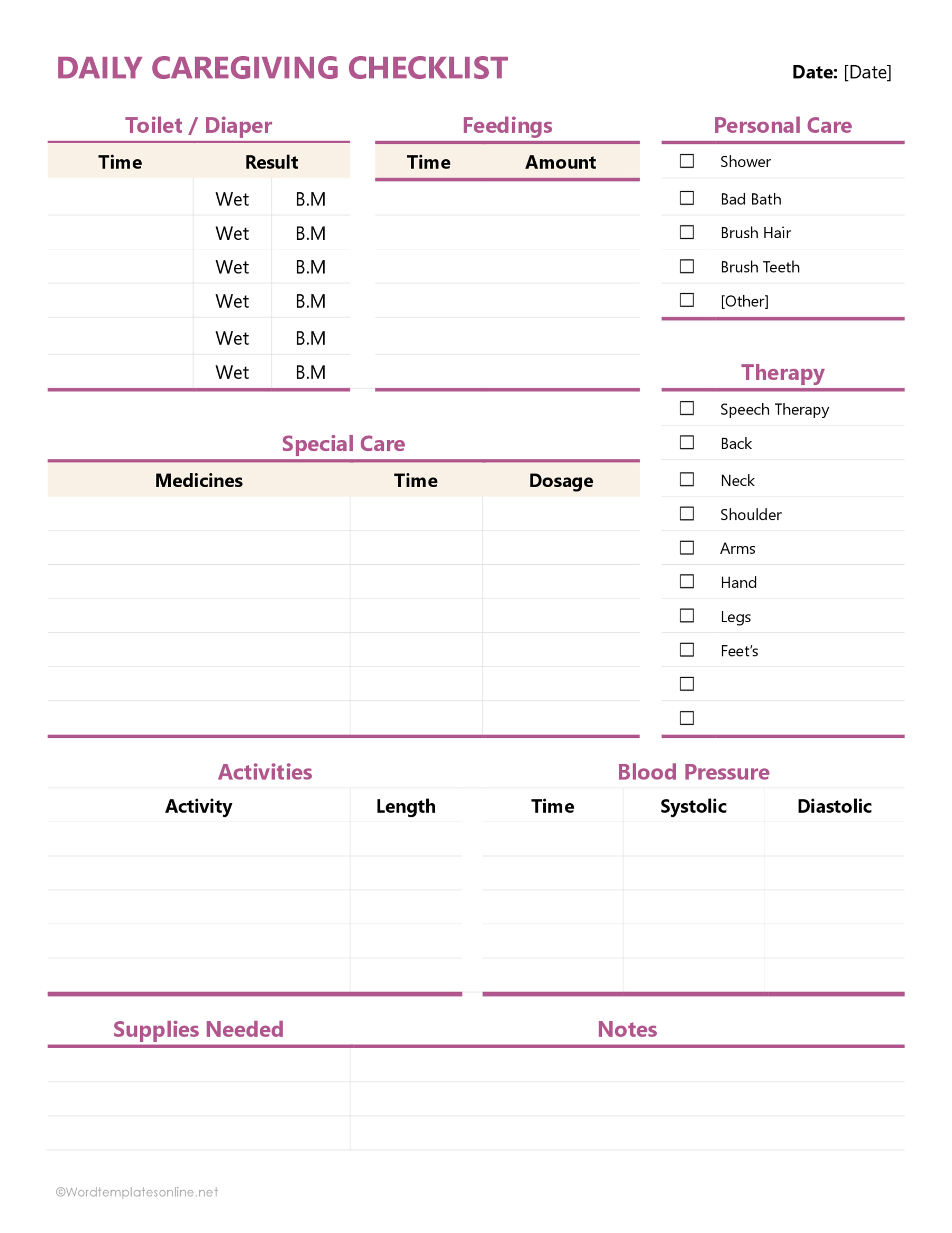 Caregiver Schedule Checklists