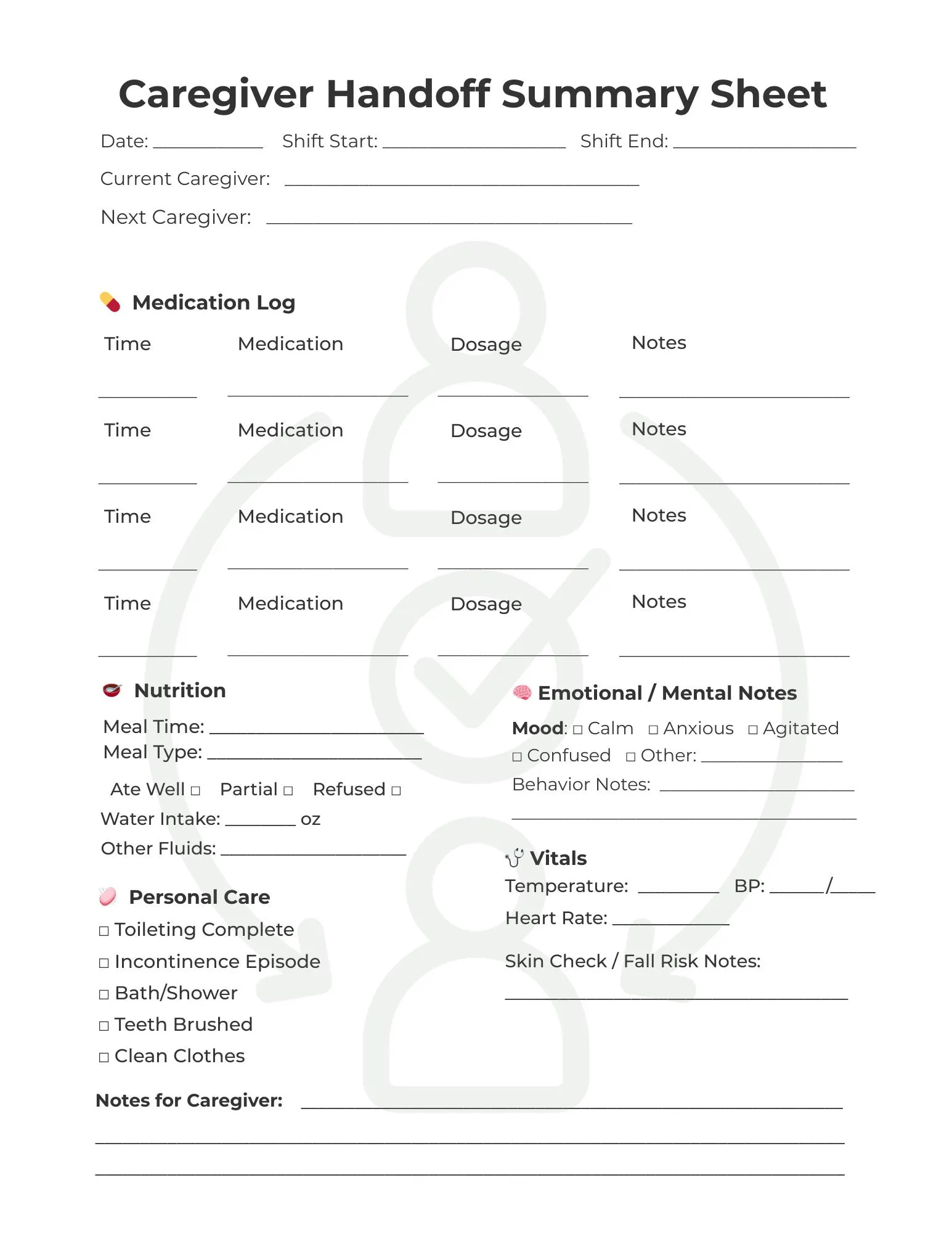 Caregiver Shift Handoff Log Daily Care