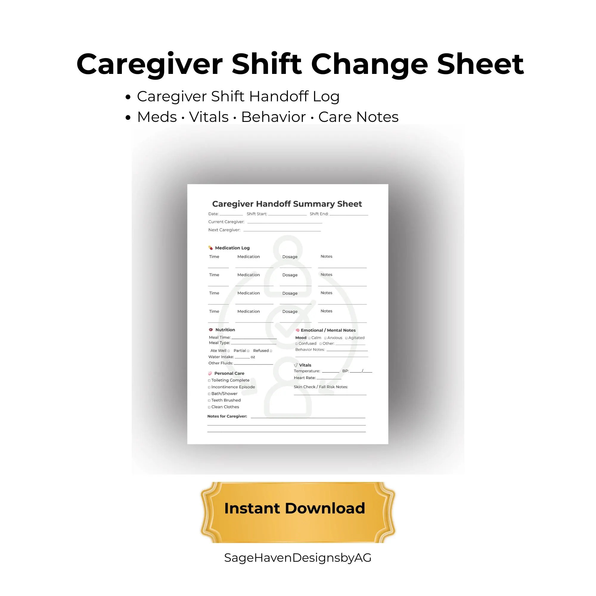 Caregiver Shift Handoff Log Daily Care