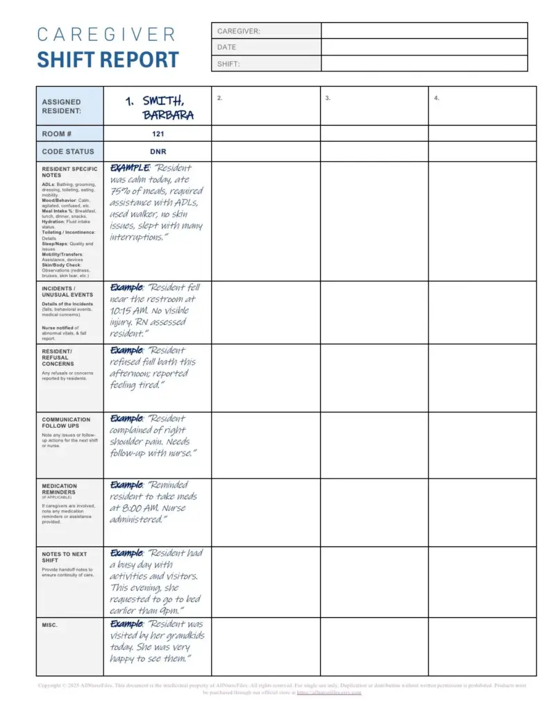 Caregiver Shift Report 4 Patient
