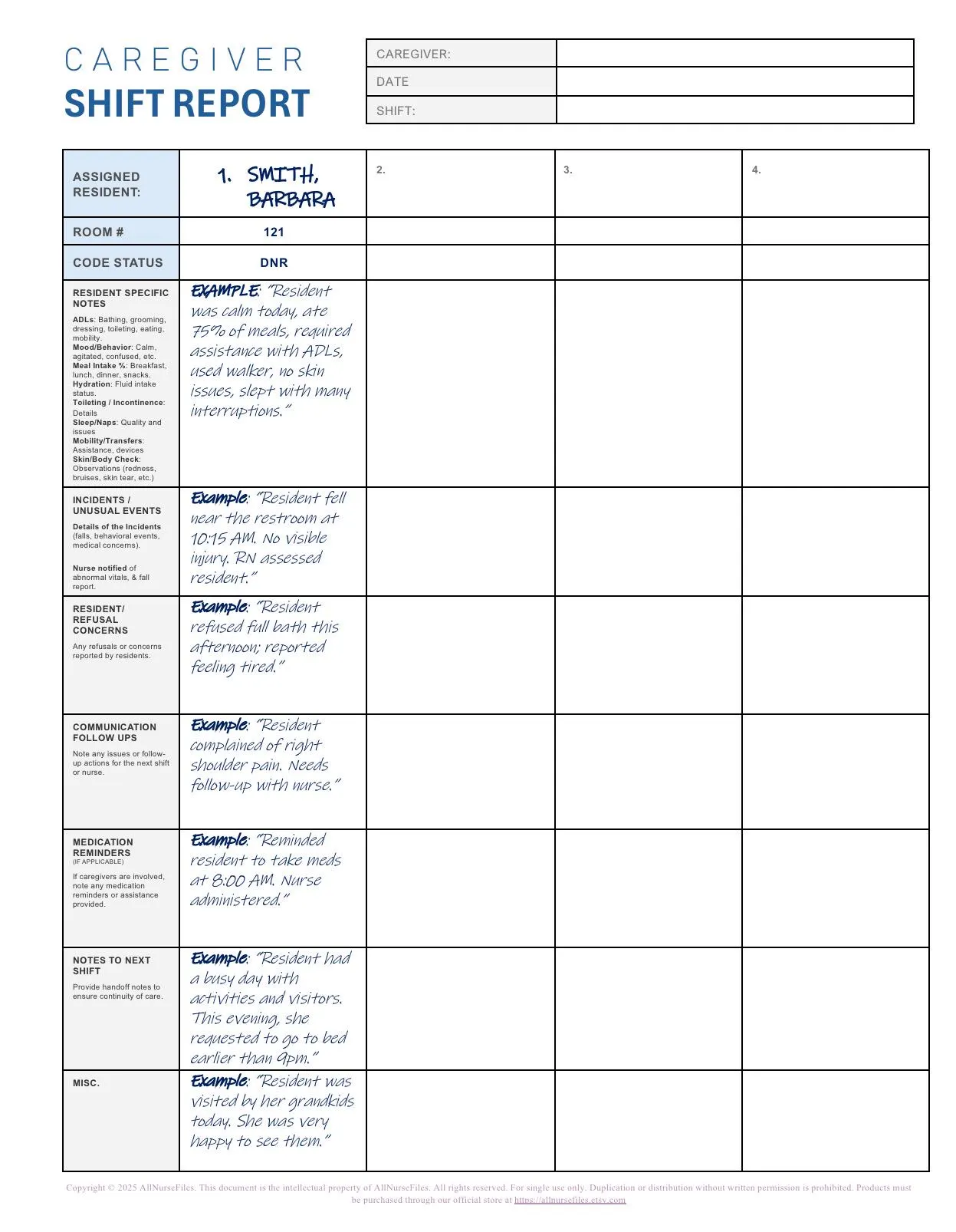 Caregiver Shift Report 4 Patient