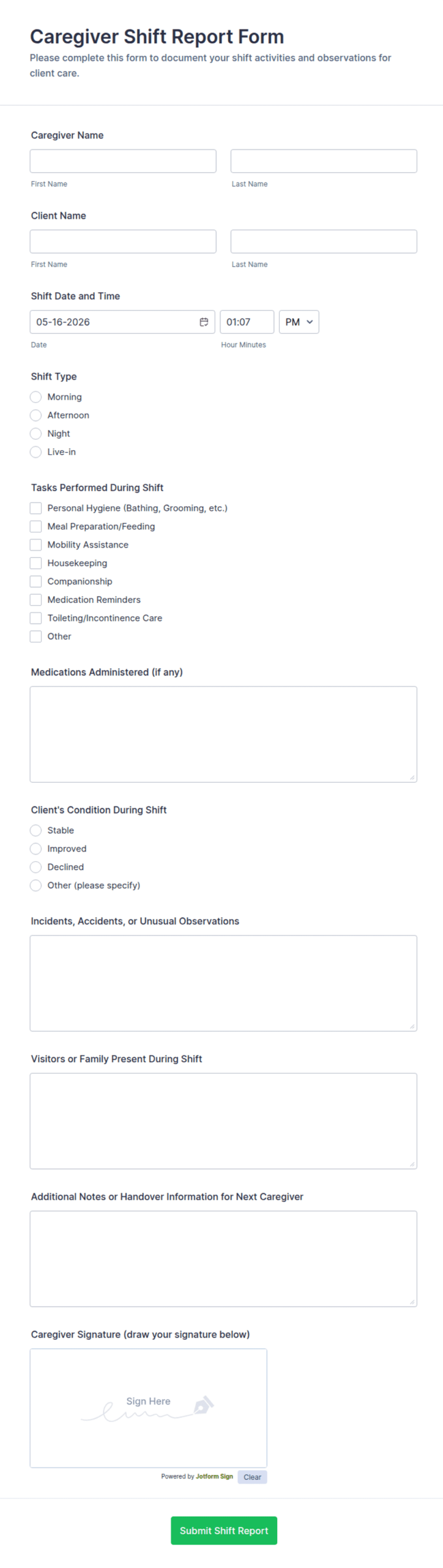 Caregiver Shift Report Form