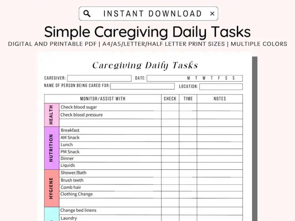 Caregiving Daily Tasks Log Printable