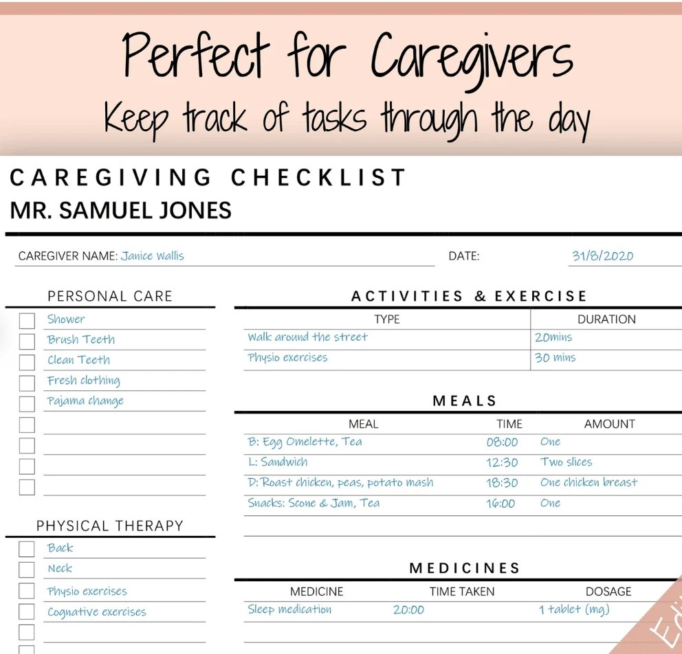 Caregiving Elderly Care Checklist Editable Printable Is Ideal For Caregivers Daily Cleaning Daily Tasks Housekeeping Care Log Template