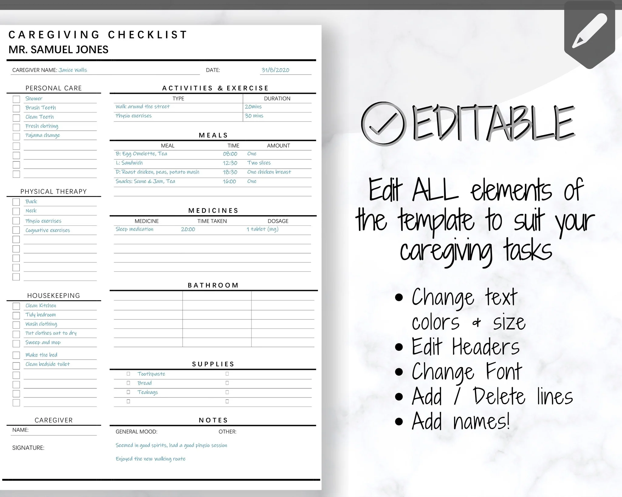 Caregiving Elderly Care Checklist Printable