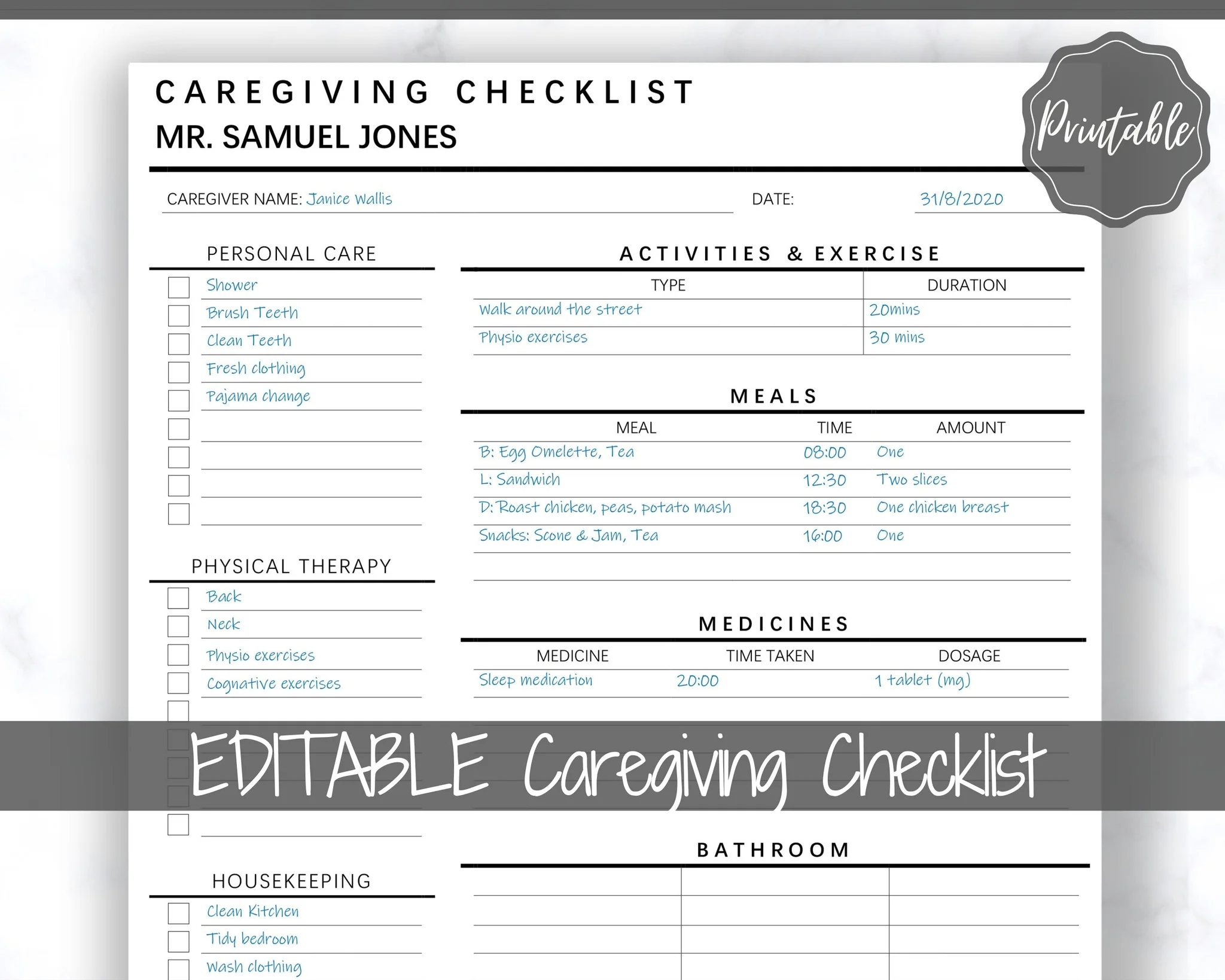 Caregiving Elderly Care Checklist Printable