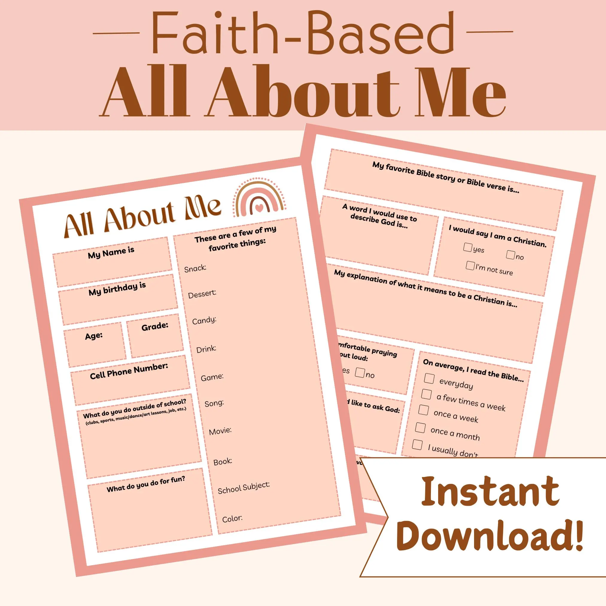 Christian All About Me Worksheet Boho