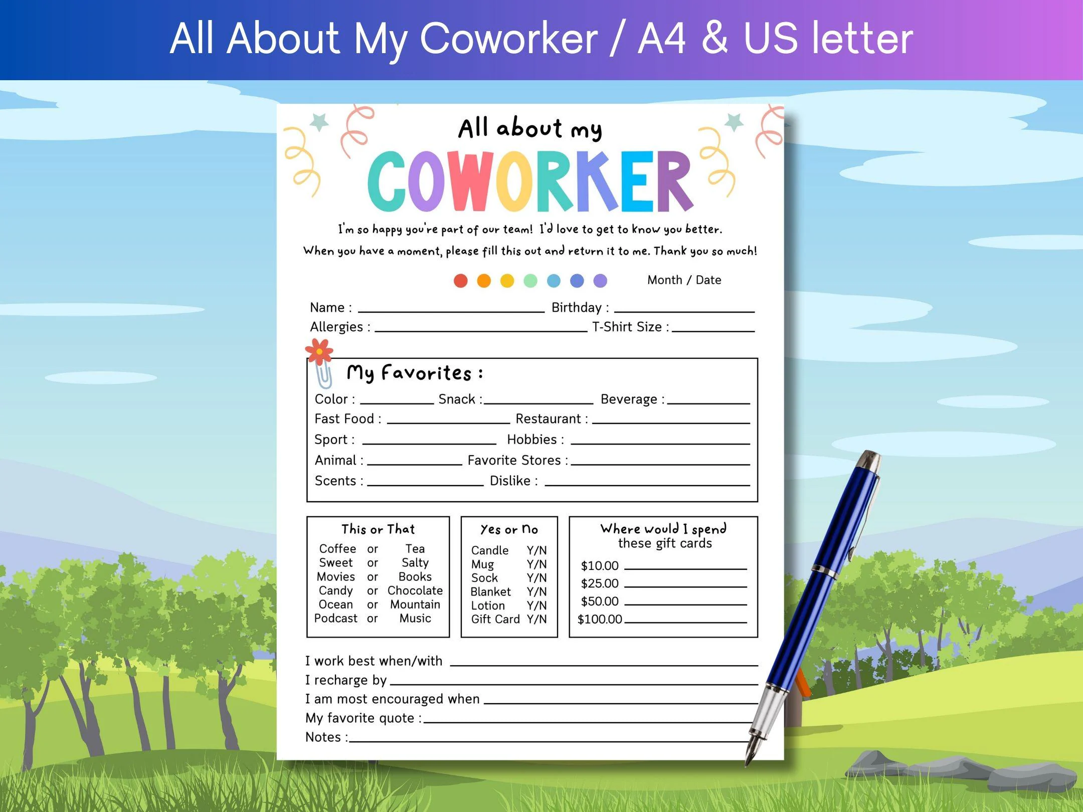 Coworker Questionnaire New Employee Team