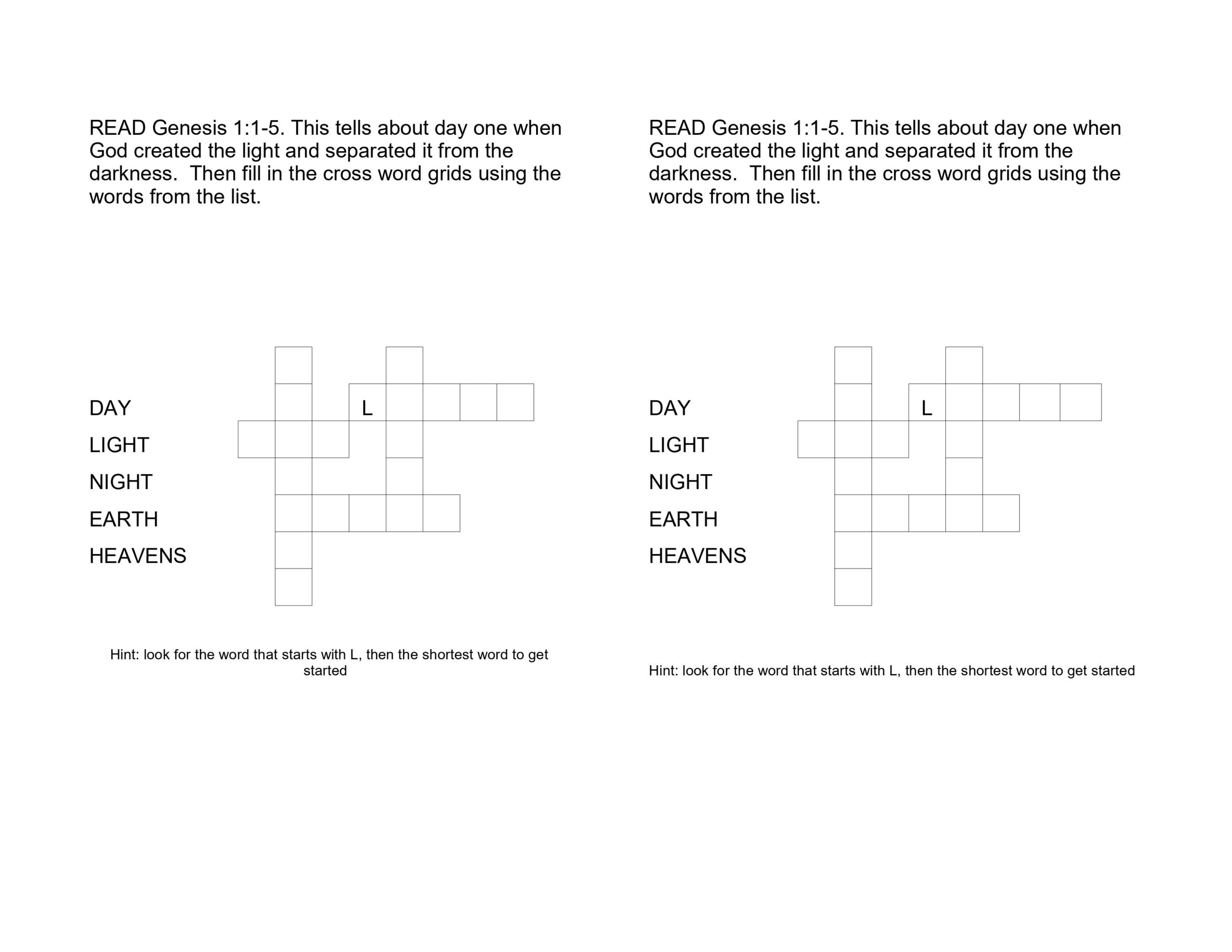 Crossword Activity Sheets On Creation