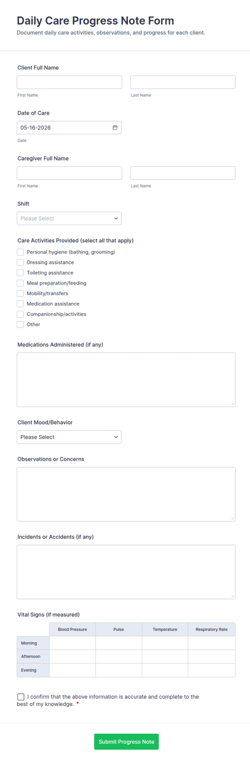 Daily Care Progress Note Form