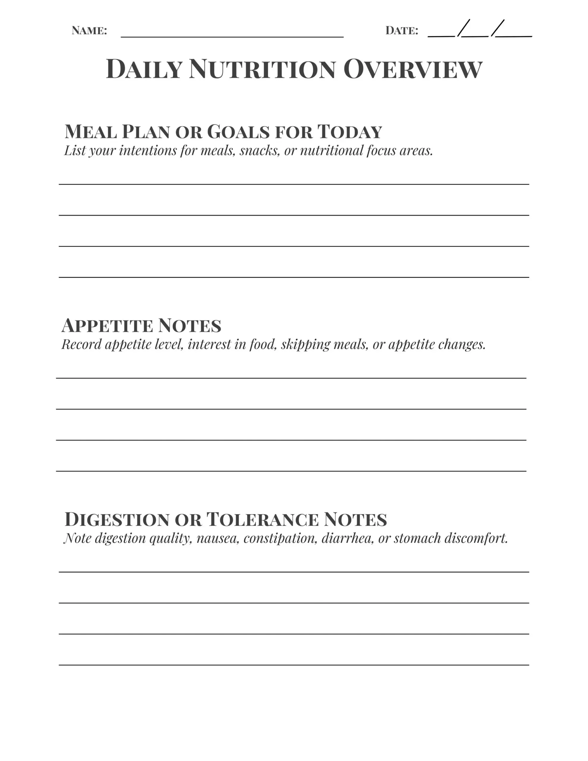 Daily Hydration And Nutrition Log Fluid