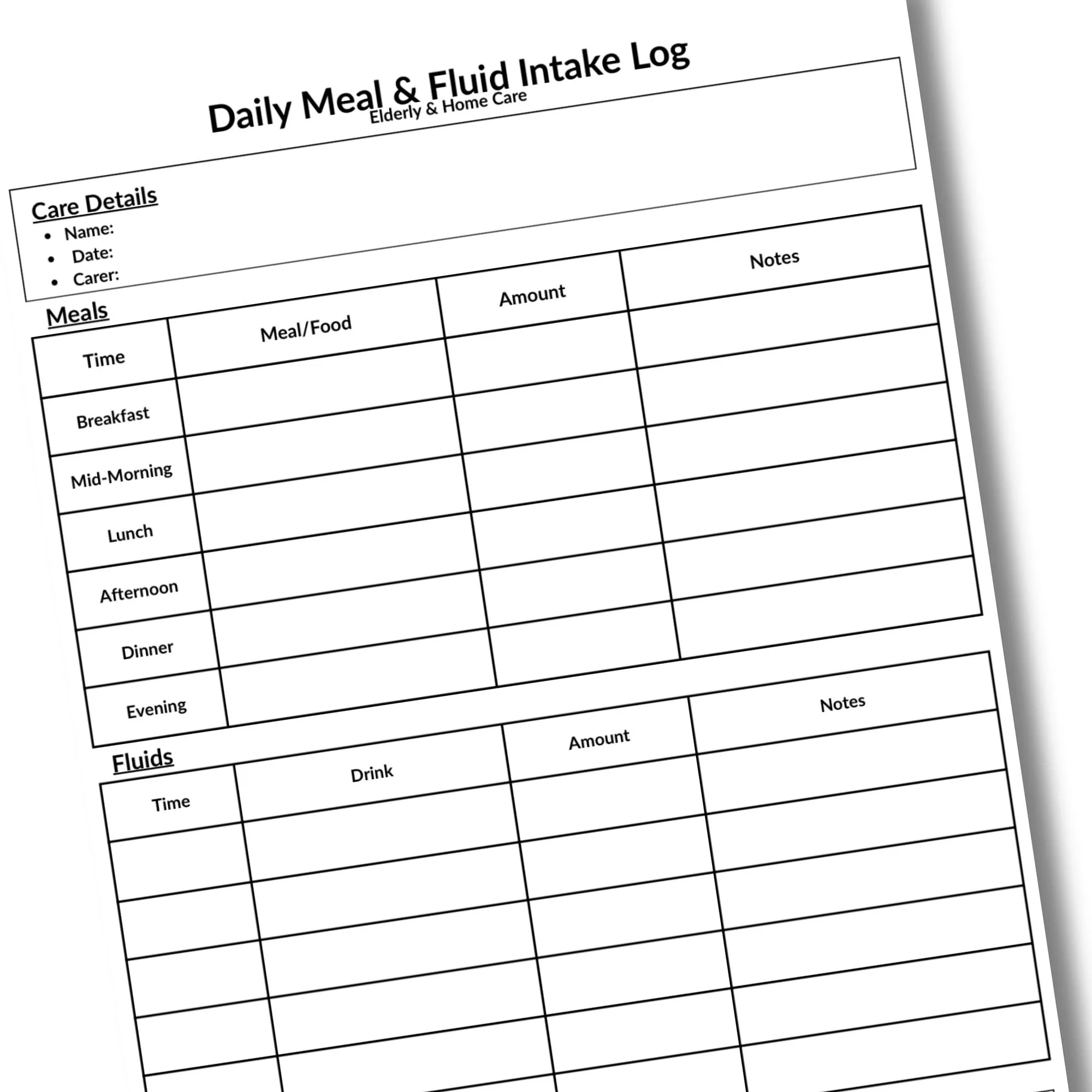 Daily Meal Fluid Intake Log Printable