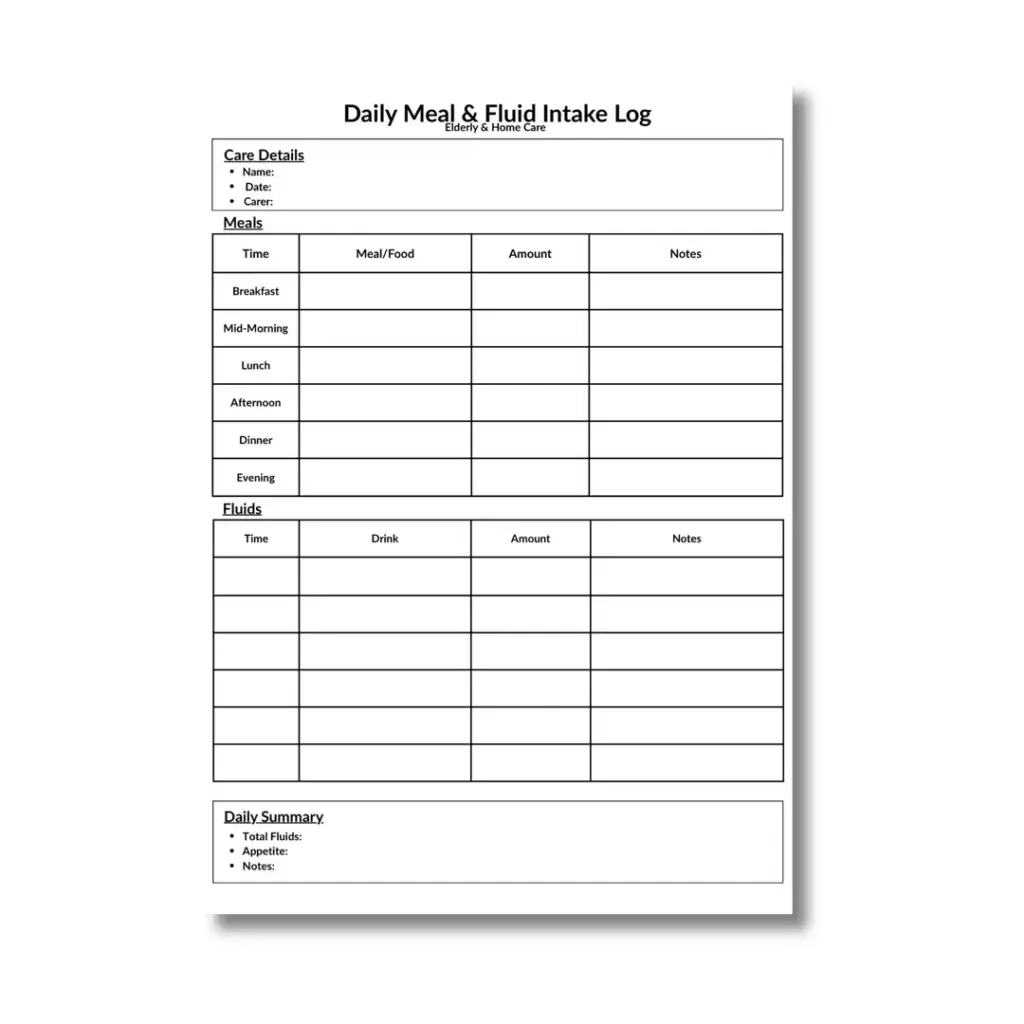 Daily Meal Fluid Intake Log Printable