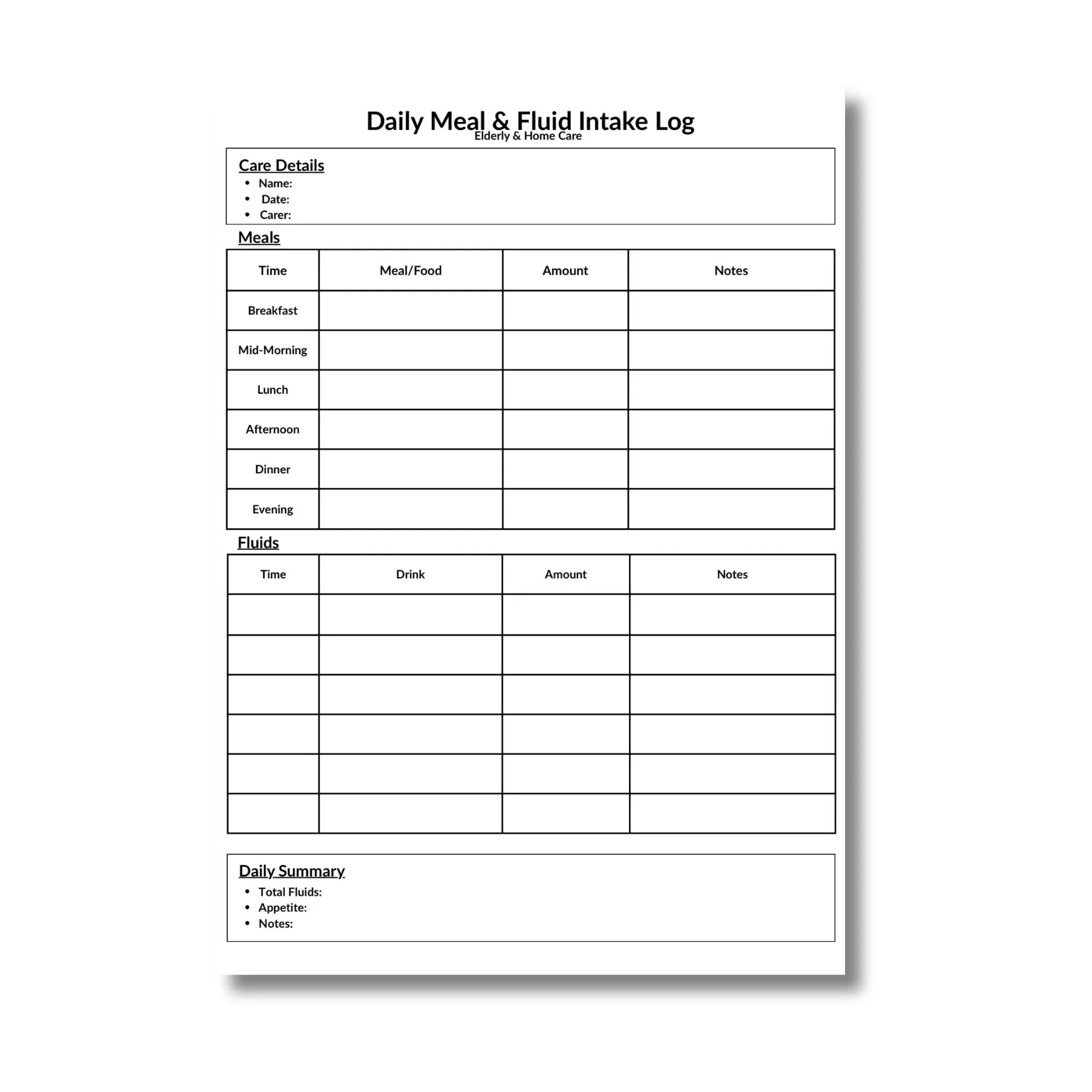 Daily Meal Fluid Intake Log Printable Daily Meal Fluid Intake Log Printable