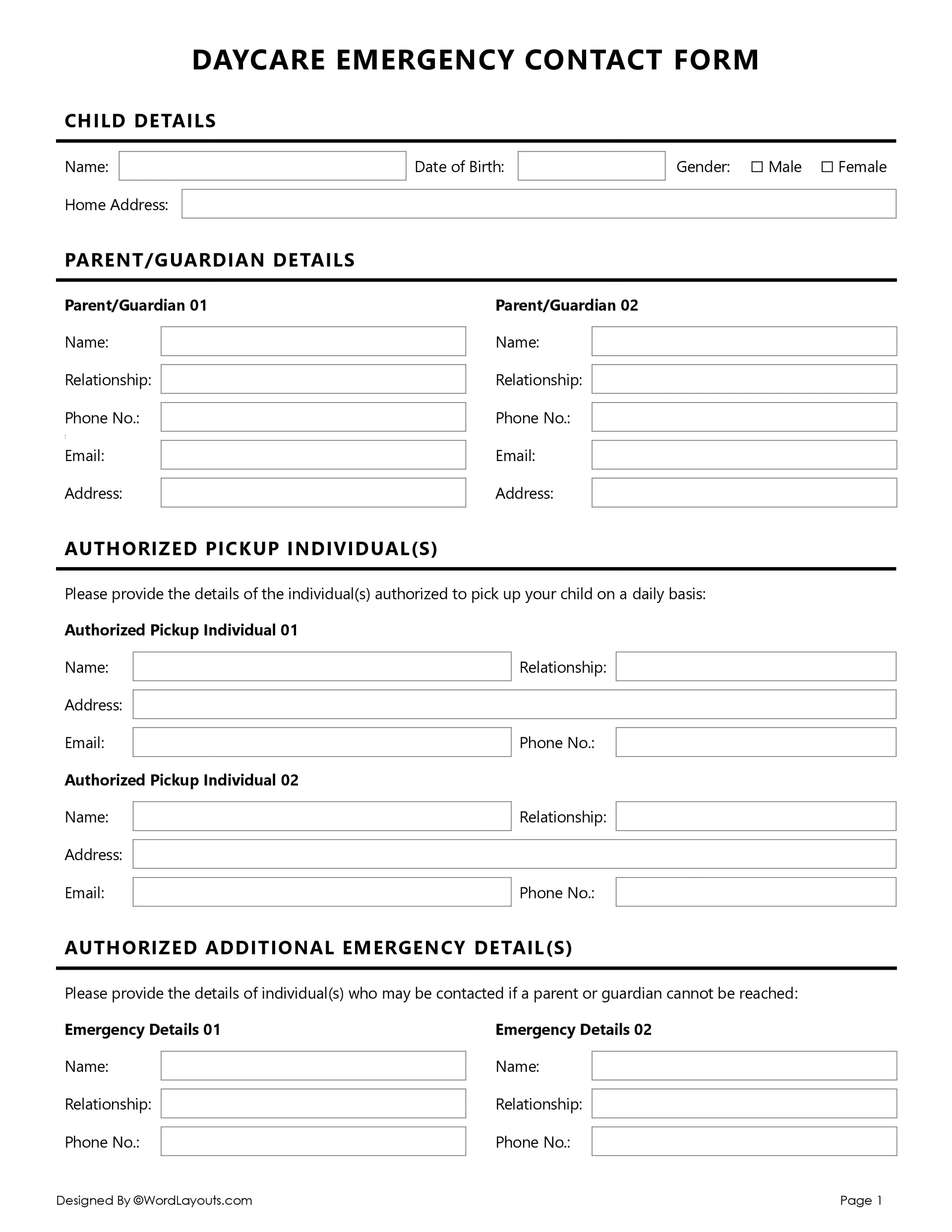 Daycare Emergency Contact Form Template Daycare Emergency Contact Form Template