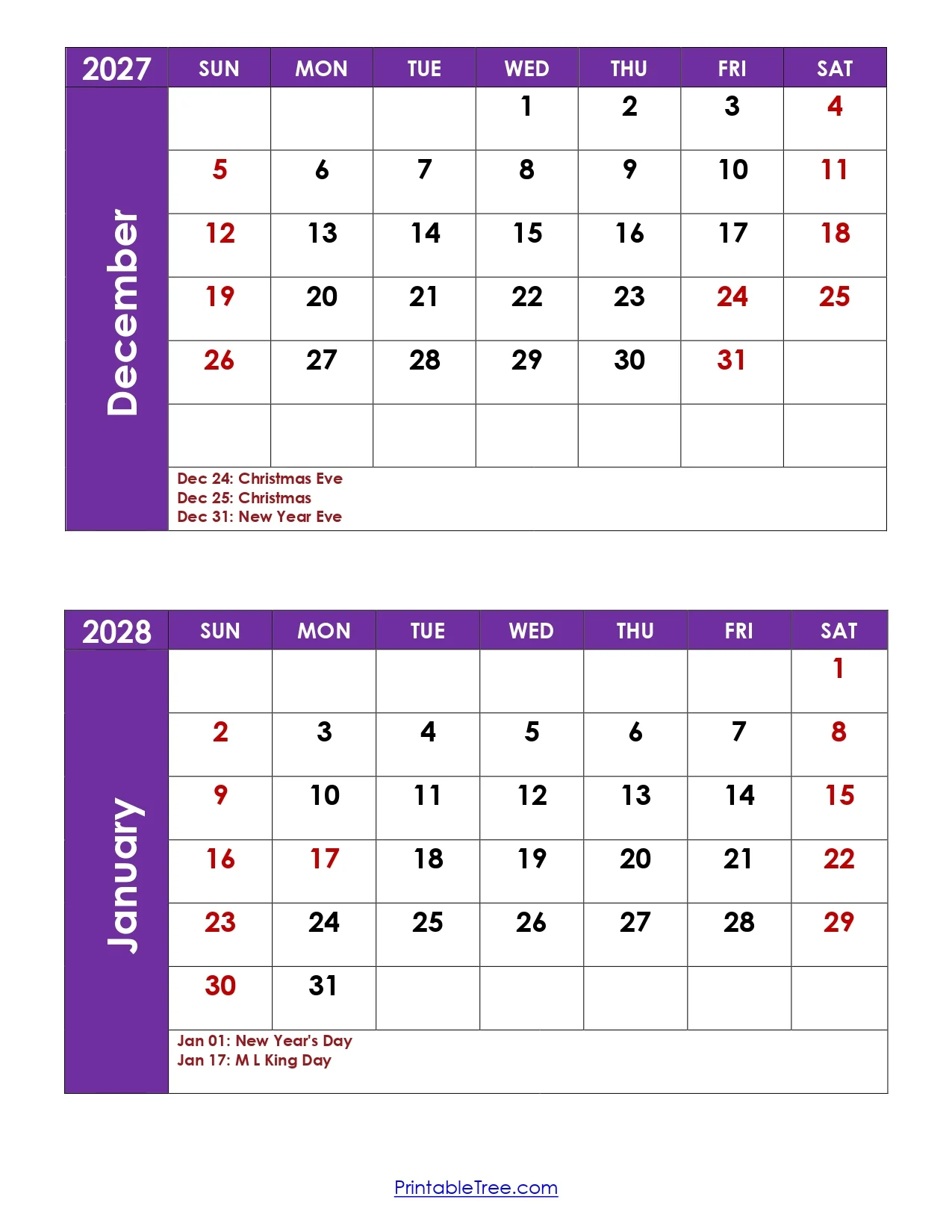 December 2027 And January 2028 Calendar Printable