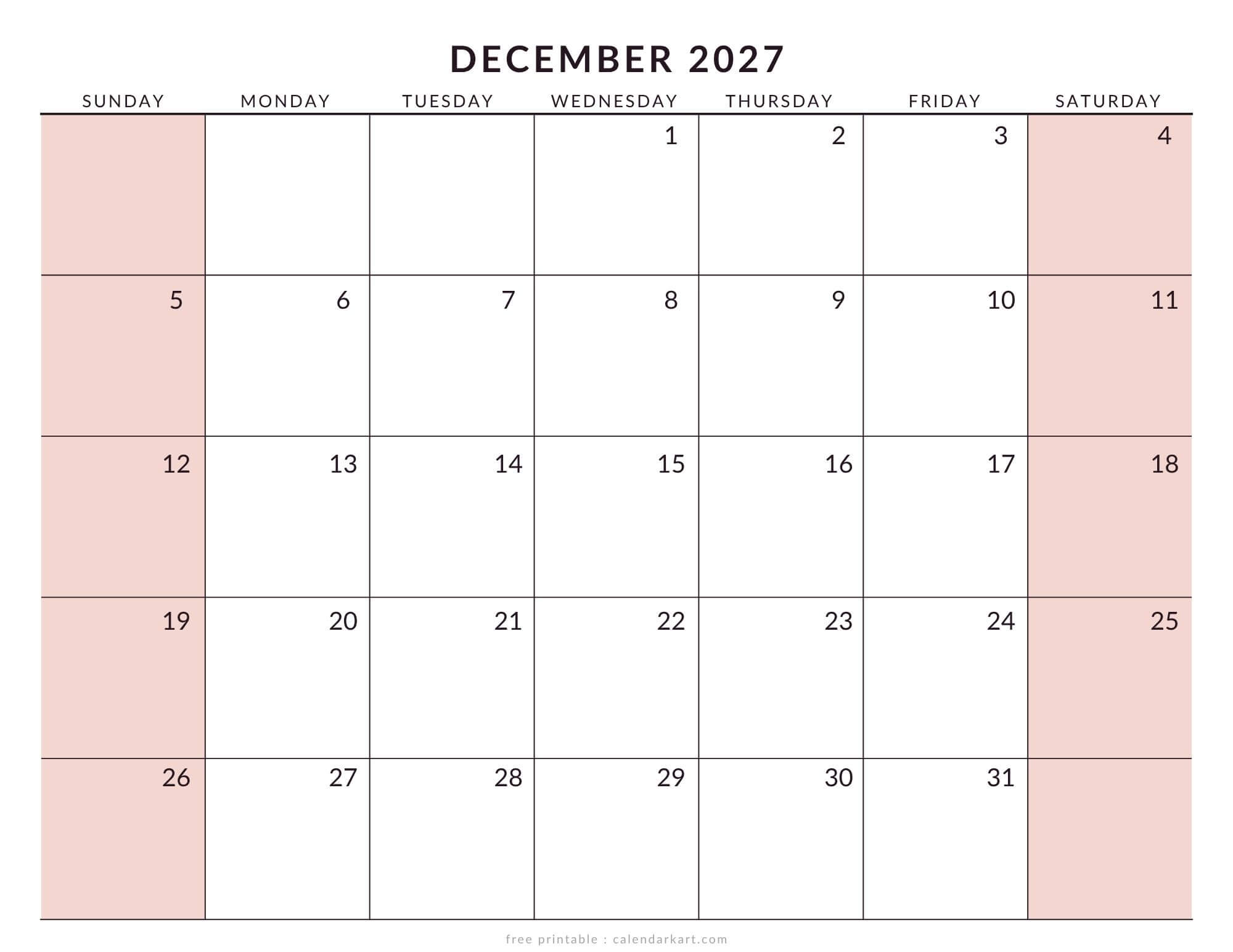December 2027 Calendar Templates Free Printable Pdfs