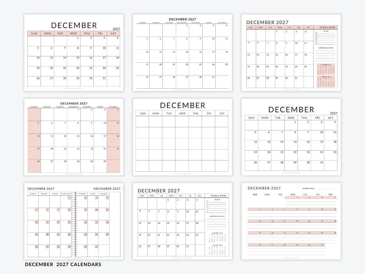 December 2027 Calendar Templates Free Printable Pdfs
