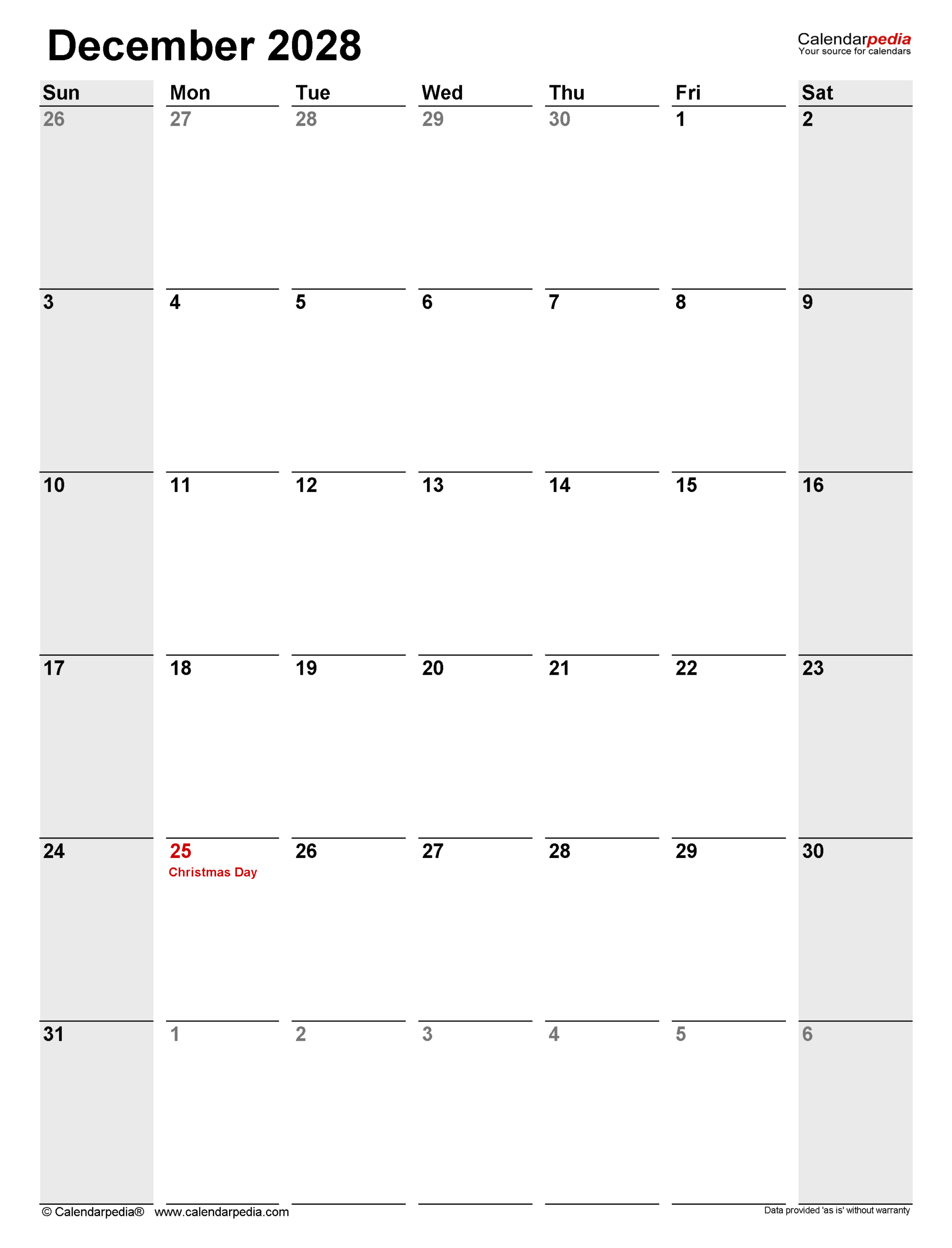 December 2028 Calendar Pdf Templates