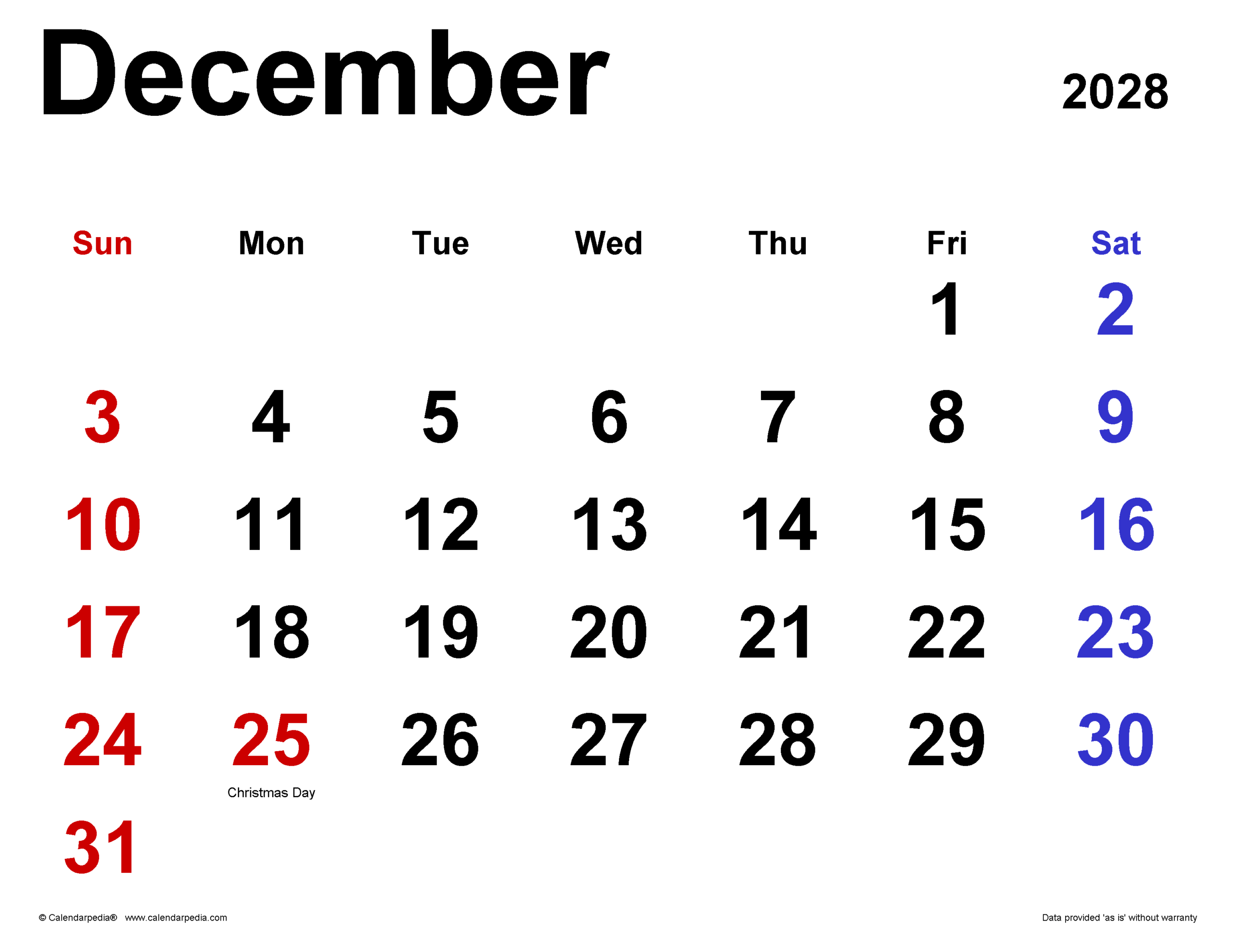 December 2028 Calendar Pdf Templates